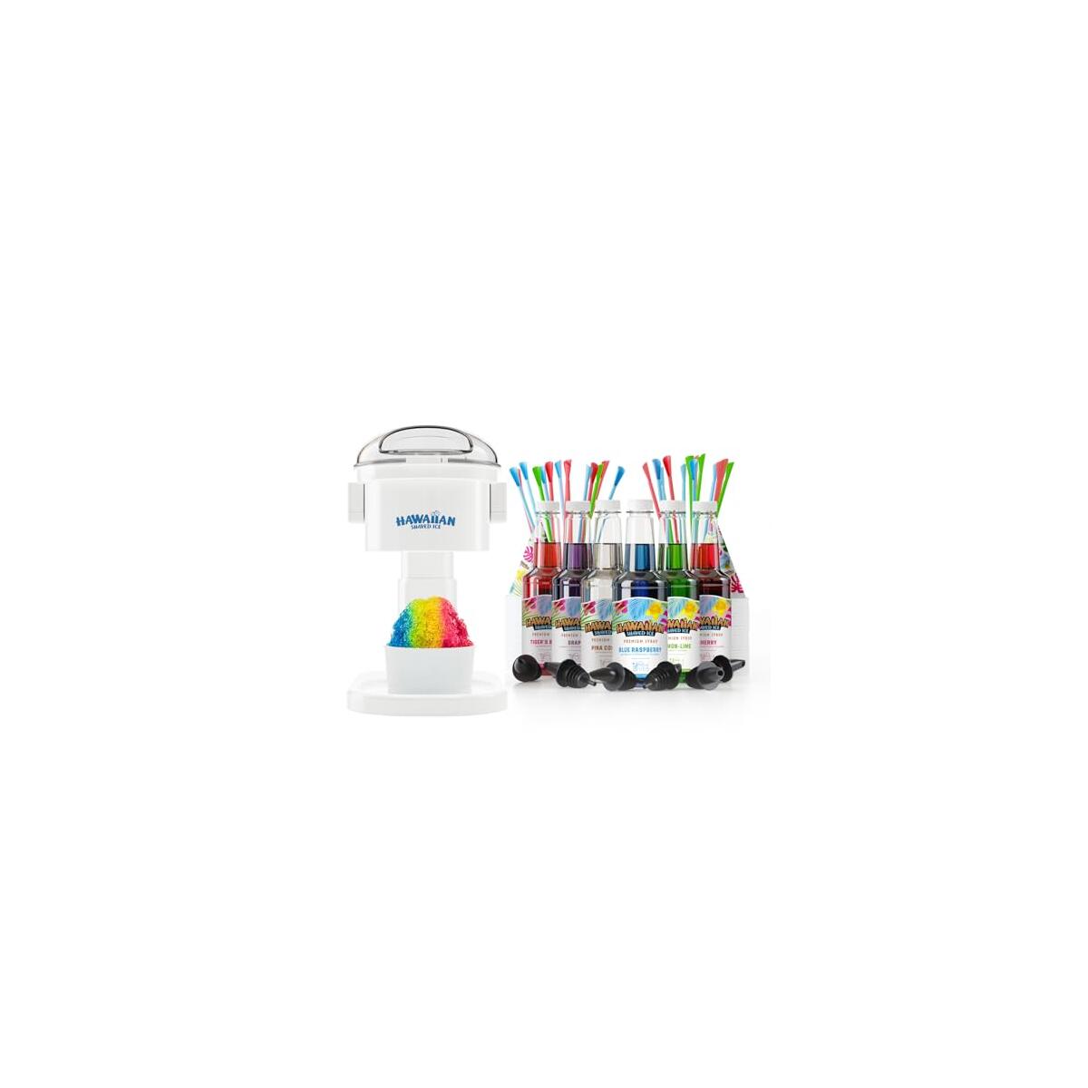 Hawaiian Shaved Ice S700 Snow Cone Machine Kit with 6 - 16oz. Syrups: Cherry, Grape, Blue Raspberry, Tiger&rsquo;s Blood, Lemon-Lime, Pina Colada, 25 Snow Cone Cups, 25 Spoon Straws, and 6 Pouring Spouts