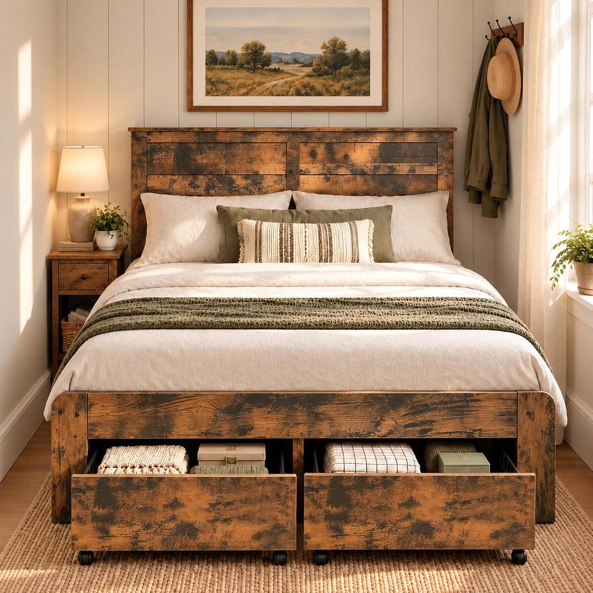 Full Size Bed Frame with 2 Drawers, USB & Type-C Ports and LED Light