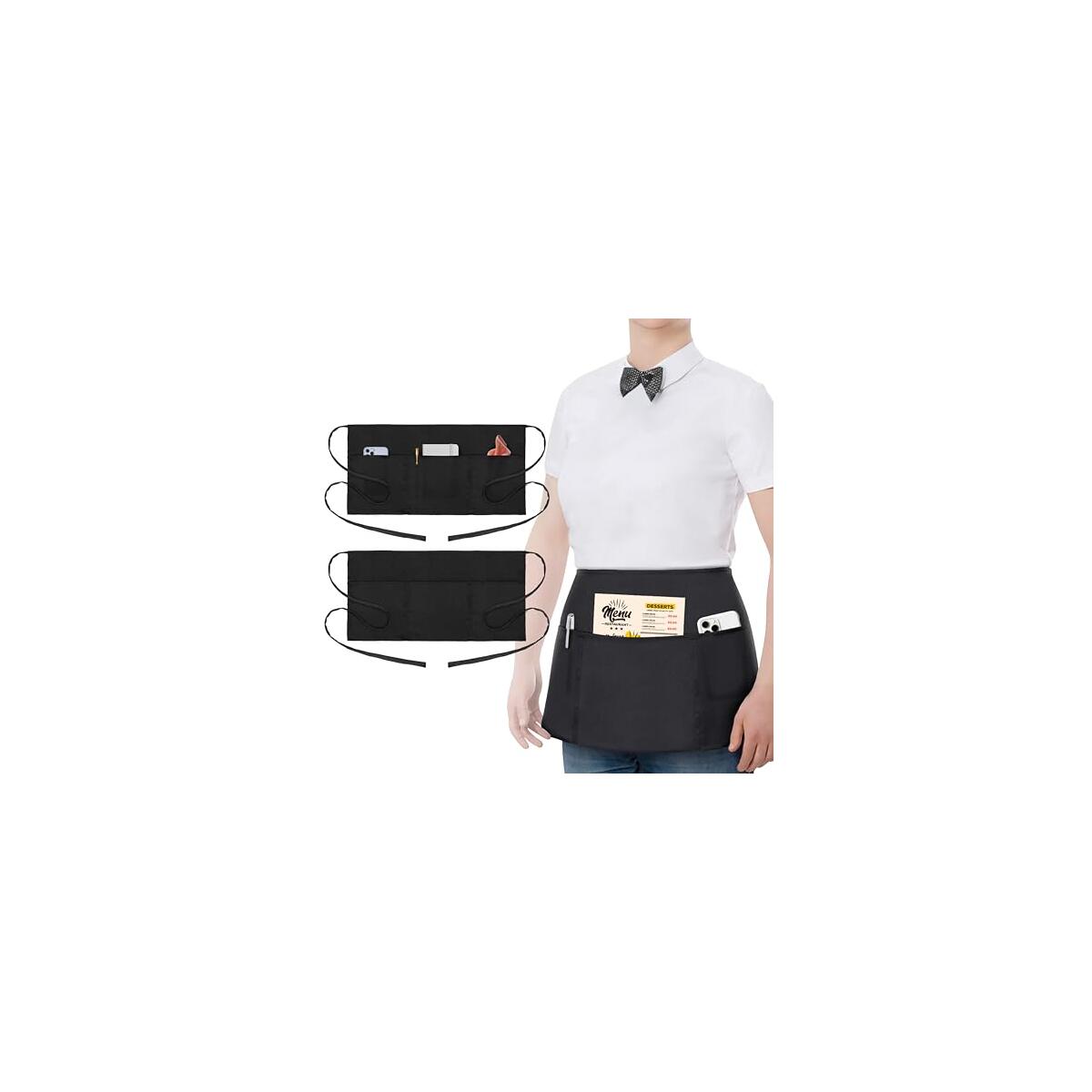 2 Pack Waitress Apron with 3 Pockets - Water & Oil Resistant - Black Waist Aprons for Servers - Half Aprons for Women - 12 Inch