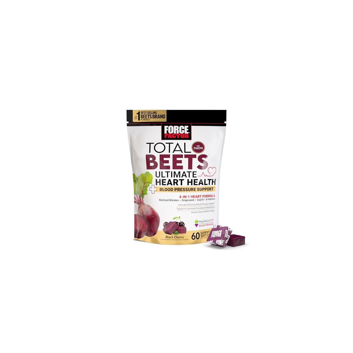 Force Factor Total Beets Ultimate Heart Health Chews for Blood Pressure Support, with Beetroot Powder, CoQ10, B Vitamins & Grapeseed Extract for Blood Flow & Energy, Black Cherry, 60 Soft Chews