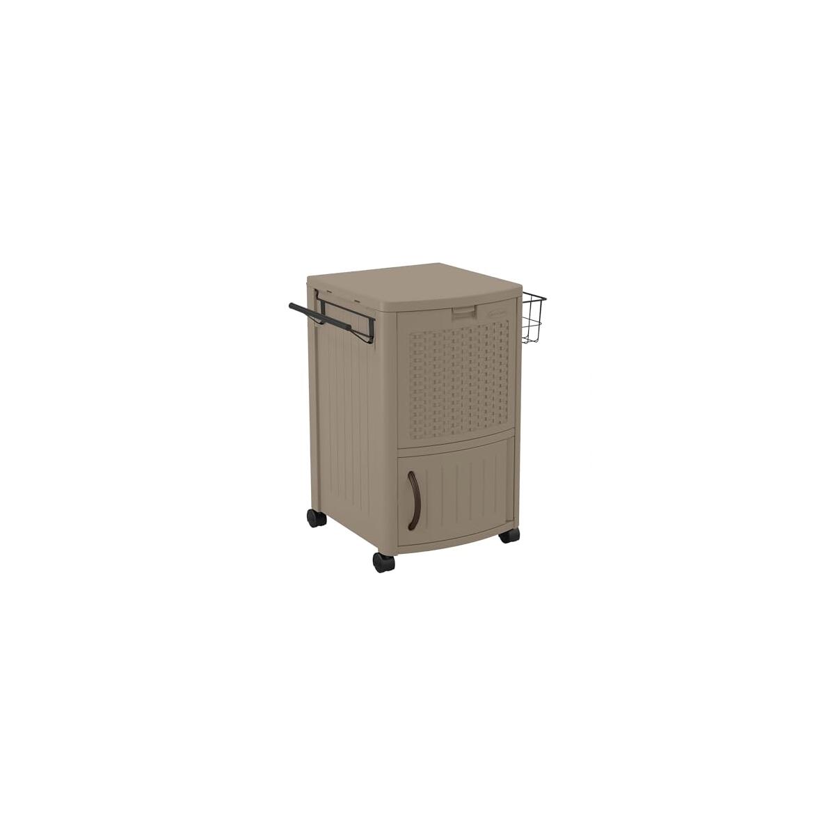 Suncast Resin 77 Quart Wicker-Look Outdoor Patio Cooler with Wheels, Hinged Lid, Built-In Storage Basket and Cabinet for Outdoor Entertaining, Java