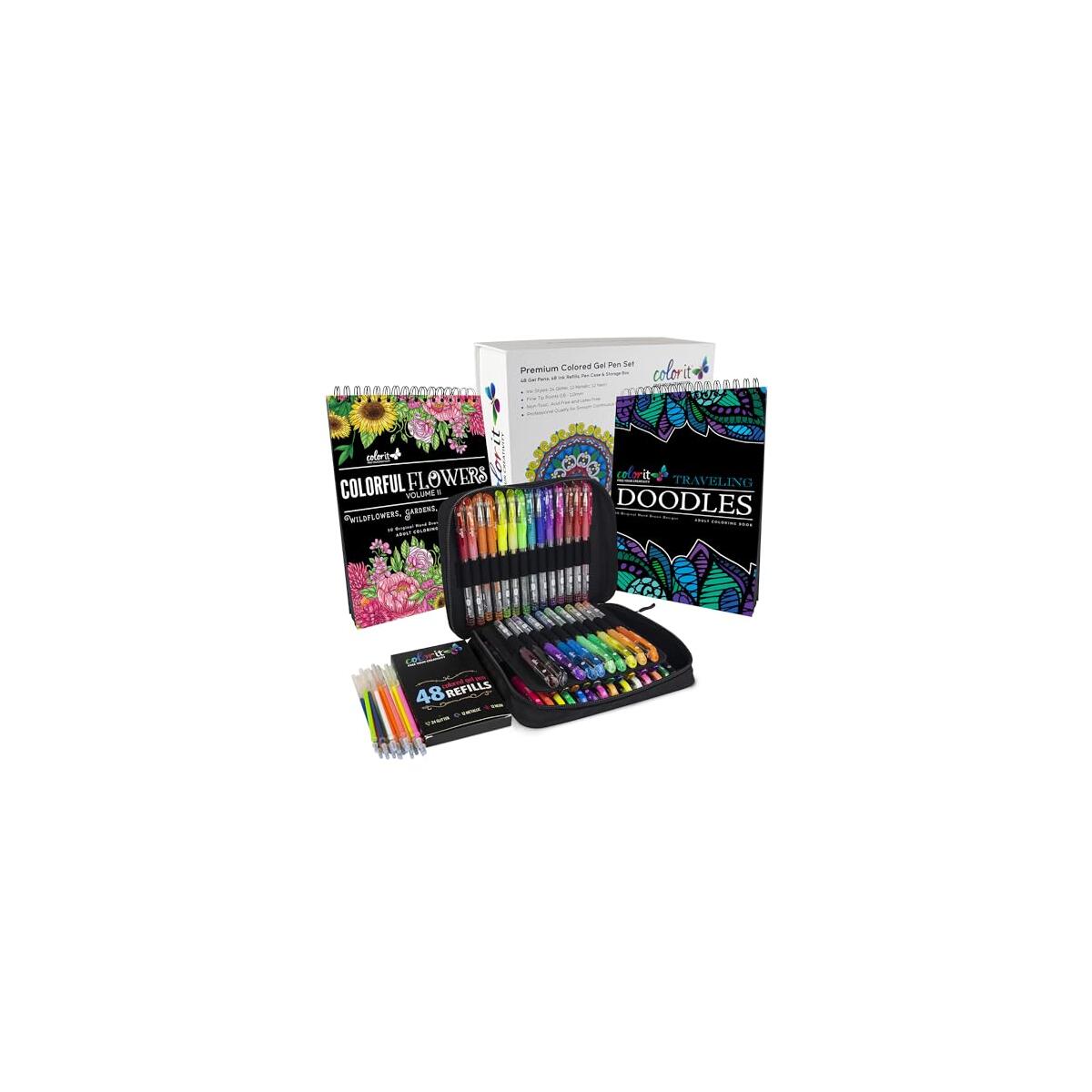 ColorIt Glitter Gel Pens For Adult Coloring Books 96 Pack With 2 Coloring Books, ColorIt Traveling Doodles Book and Colorful Flowers Volume 2