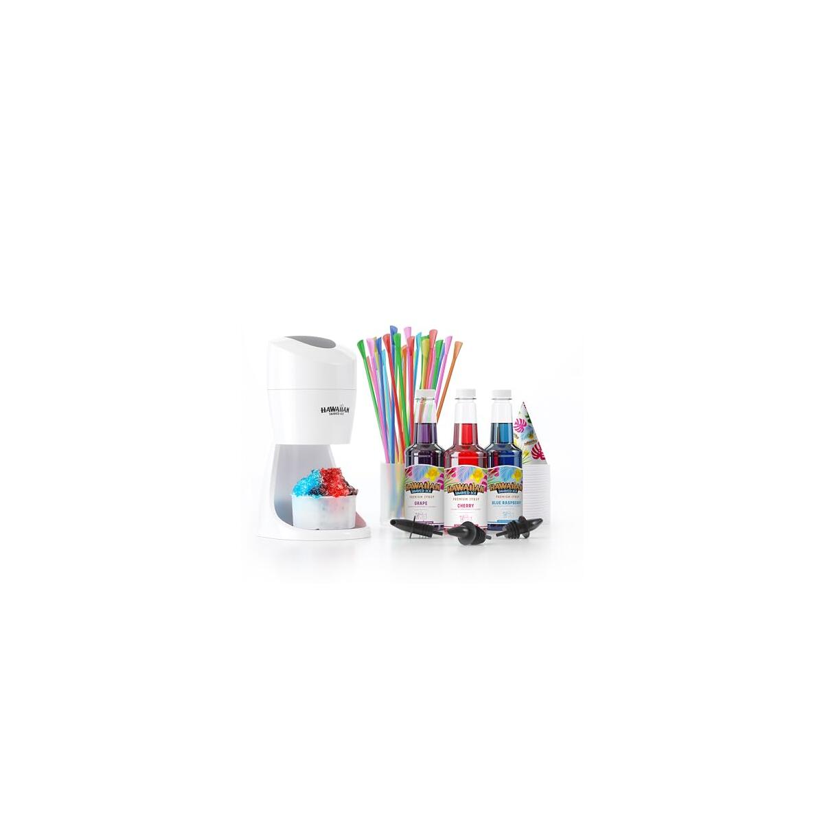 Hawaiian Shaved Ice Machine Kit - 3 Flavors, 25 Cups, Straws, Pourers, Ice Molds