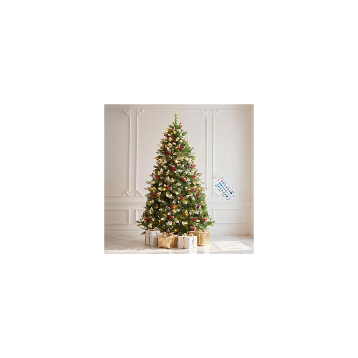 DWVO 6ft Pre-lit Christmas Tree, Pre-Decorated Artificial Christmas Trees for Home, Office, Party with with 818 Flocked Frosted Tips & 250 UL Listed Lights, Pine Cones, Berries