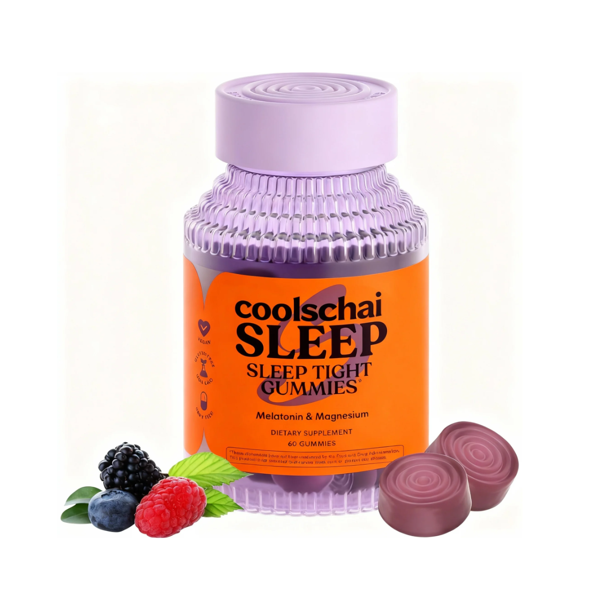 Coolschai Sleep Gummies with 5mg Melatonin, Elderberry, Magnesium, L-Theanine, Chamomile and Lavender, Drug-Free Nighttime Sleep Aid, Gluten Free, Gelatin Free, Non GMO, Berry Flavored (60 Count)