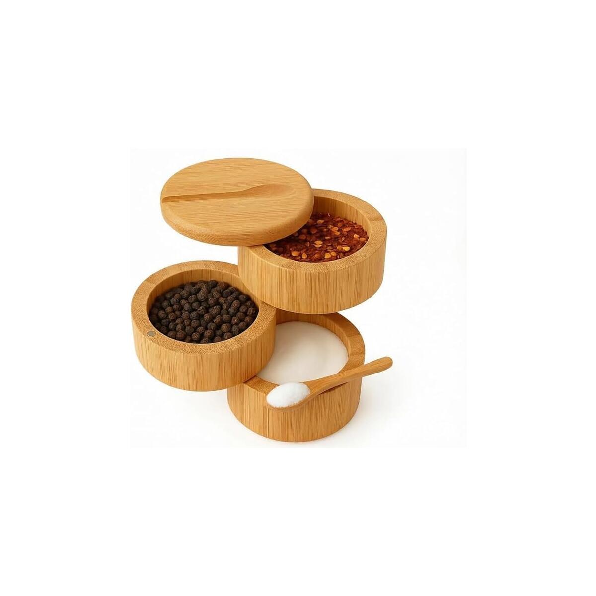 3-Layer Bamboo Salt Container with Magnetic Lid and Spoon, Large Capacity 10.5 Oz (Approx 287.7g) - Ideal for Celtic Sea Salt, Redmond Real & Pepper Storage