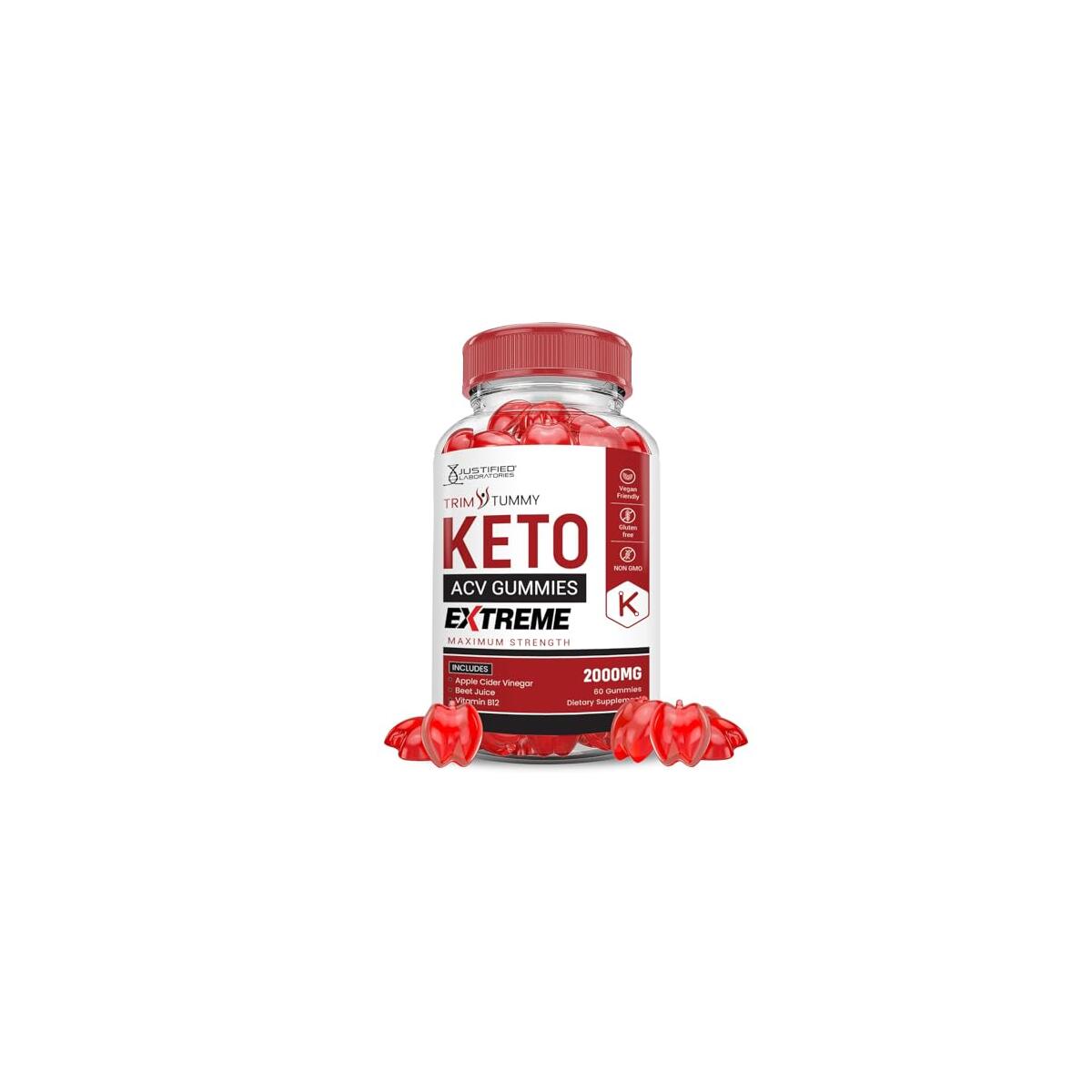 Justified Laboratories Trim Tummy Keto ACV Gummies Extreme 2000MG Trim Tummy Keto Gummies Apple Cider Vinegar Formulated with Pomegranate Beet Juice Powder B12 Vegan Non GMO 60 Gummys