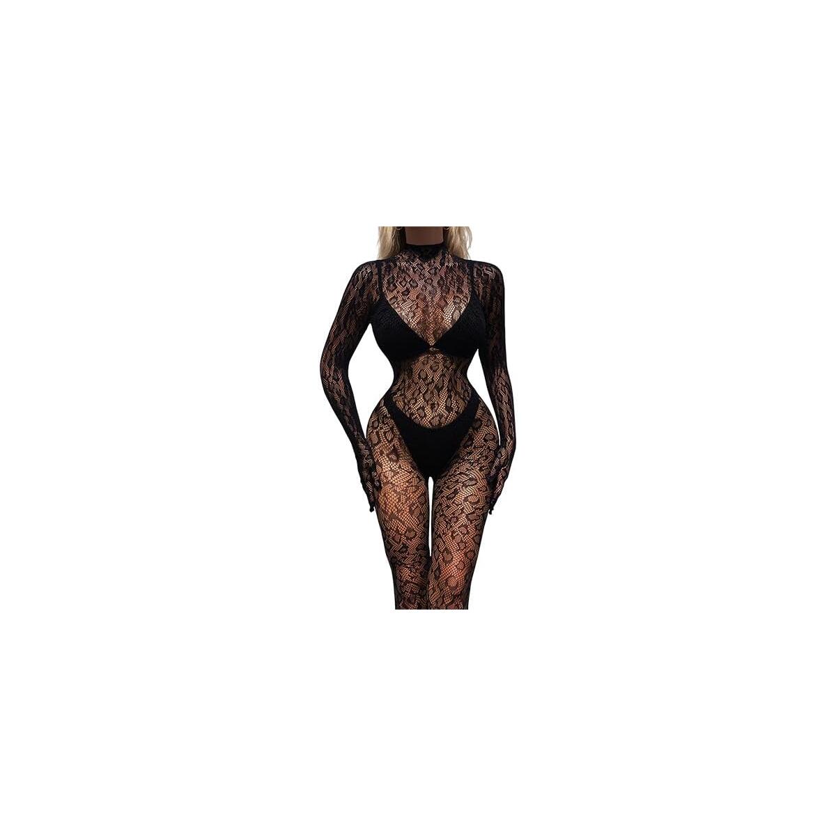 One Piece Black Fishnet Bodysuit Lingerie Bodystocking for Women full Body See Through Jumpsuit One Size
