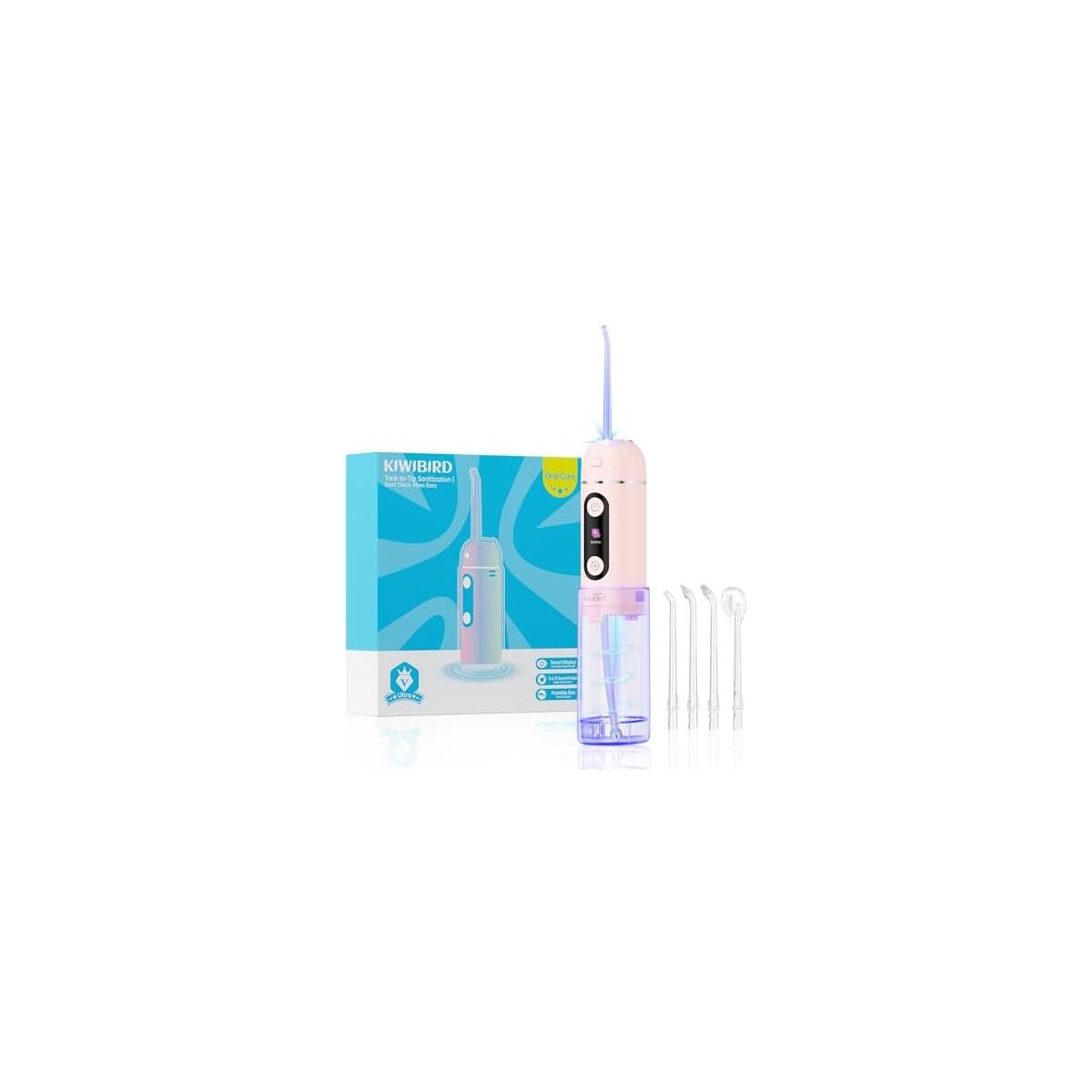 KIWIBIRD C2 Portable Water Flosser, Cordless Oral Irrigator with UV-C Clean Mode, 4 Modes, Waterproof Rechargeable Dental Flosser with 4 Nozzles and Travel Bag (Pink)