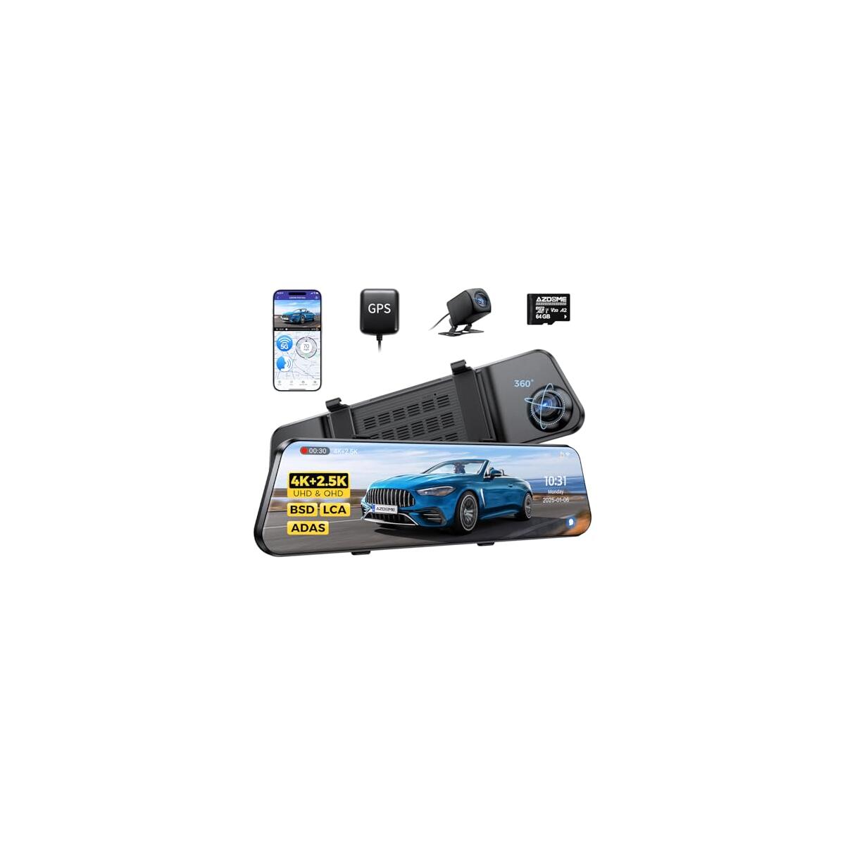 AZDOME PG17 Max 4K+2.5K Mirror Dash Cam with ADAS, BSD and LCA, 12" Rear View Mirror Camera with 5GHz WiFi and Voice Control, Rearview Mirror Backup Camera Includes 64GB Card, GPS, Parking Monitor