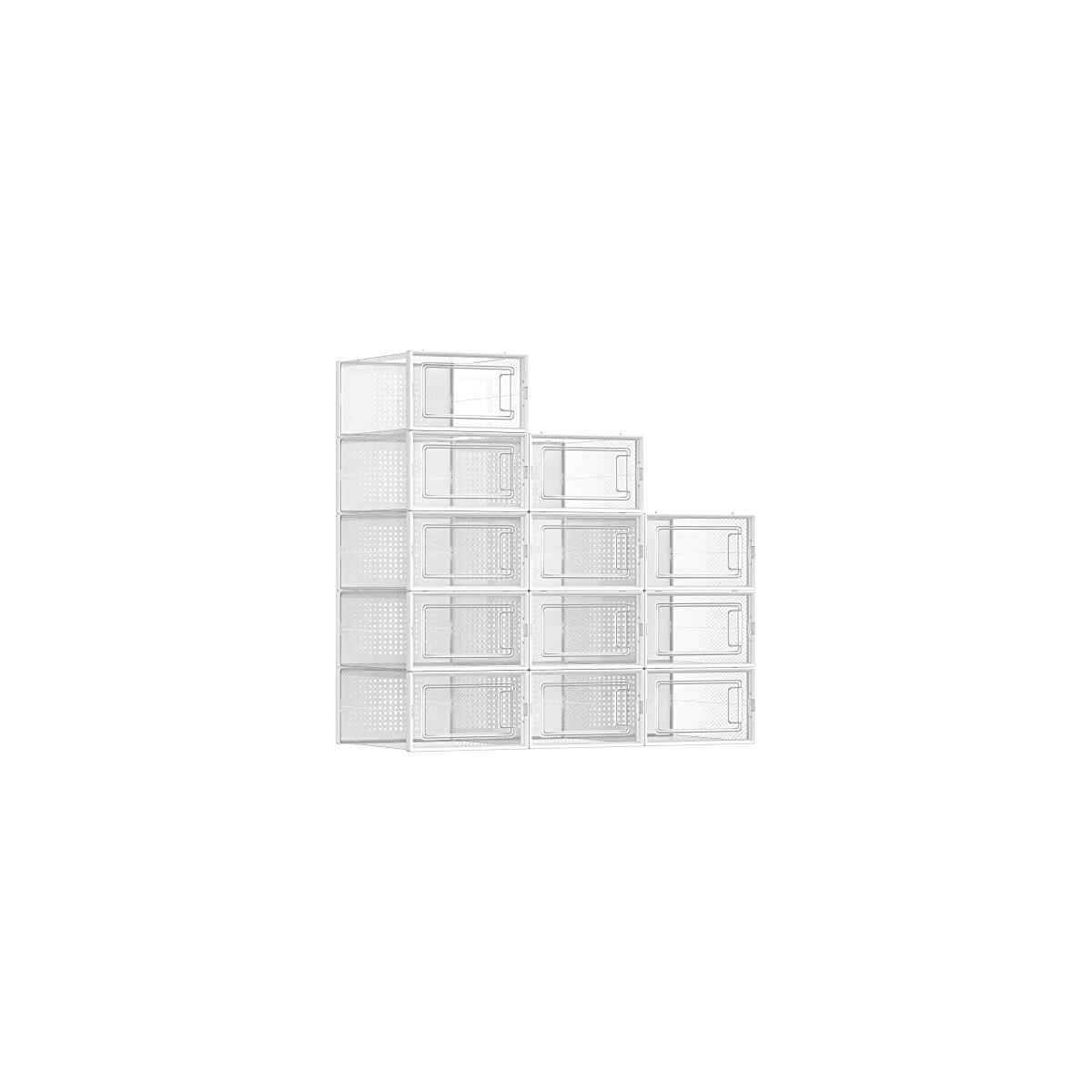 SONGMICS Shoe Boxes, Pack of 12 Shoe Storage Organizers, Stackable Clear Plastic Boxes for Closet, Sneakers, 13.1 x 9.1 x 5.6 Inches, Transparent and White ULSP12SWT