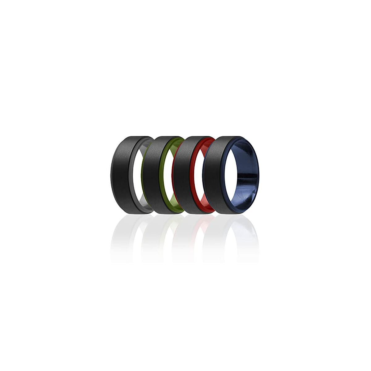 ROQ Silicone Rubber Wedding Ring for Men, Comfort Fit, Men's Wedding Band, Breathable Rubber Engagement Band, 8mm Wide 2mm Thick, Step Edge Duo, 4 Pack, Grey, Red, Olive Green, Dark Blue, Black, Size 16