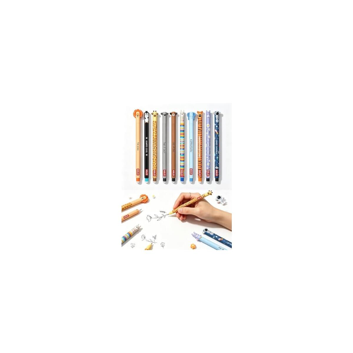 Erasable Ballpoint Gel Pens 0.7mm with Animal Motifs, 10 Pack, Blue | Heat-Sensitive Ink, Built-In Tip Eraser, For Kids & Adults, School & Office Use, Refillable