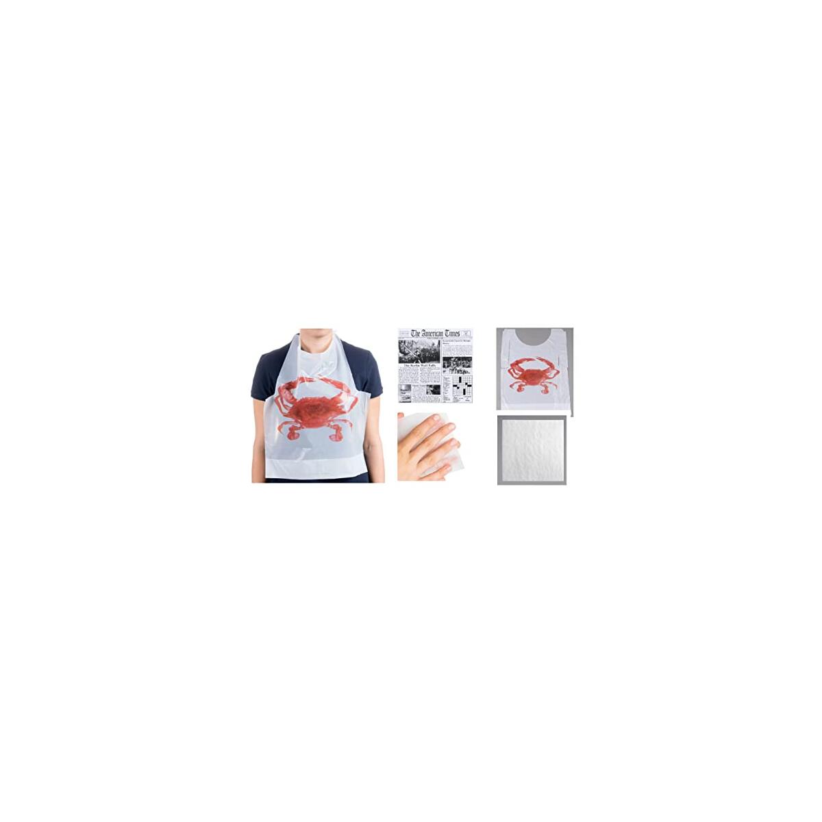 Oasis Supply, Crab Bib, Newspaper Placemats, Butcher Paper Table Cover & Wet Wipe Bundle - 25 Disposable Bibs, Placemats, & Moist Towelettes for Crawfish Boil, Seafood Fest, or Crab Bakes