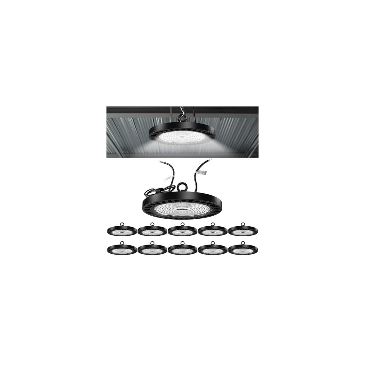 Sunco 10 Pack UFO LED High Bay Light, 150W, 21000 Lumens 6000K 100-277V Dimmable 0-10V, Ultra Bright Commercial Shop Lights for Warehouse, Factory, Workshop, Garage & Barn, Ceiling Mount, UL