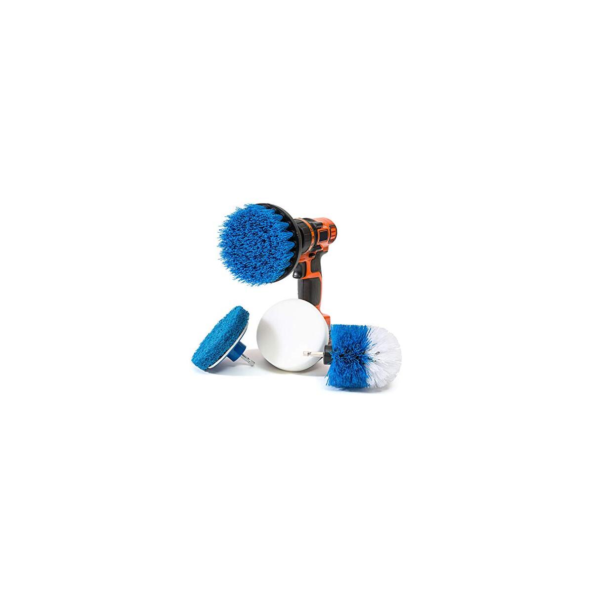RevoClean 4 Piece Scrub Brush Power Drill Attachments-All Purpose Time Saving Kit-Perfect for Cleaning Grout, Tile, Counter, Shower, Grill, Floor, Kitchen, Blue & White