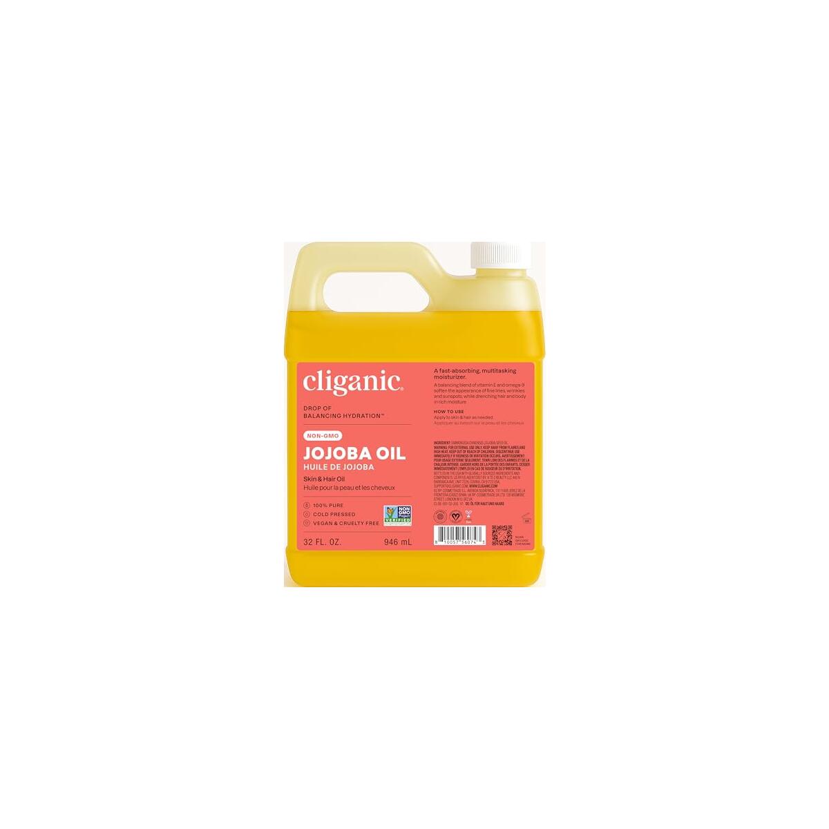 Cliganic Non-GMO Jojoba Oil Bulk 32oz, 100% Pure - Natural Cold Pressed Unrefined Hexane Free Oil for Hair & Face