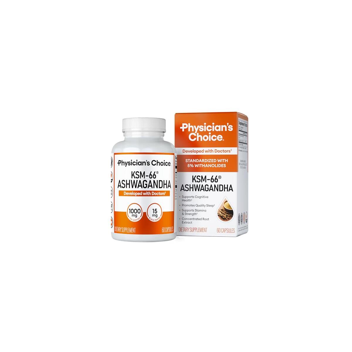 Physician's CHOICE KSM-66 Ashwagandha Root Powder Extract 1,000mg - Organic - with Black Pepper for Maximum Absorption - 5% Withanolides - Stress, Mood & Athletic Support - 60 Vegan Capsules