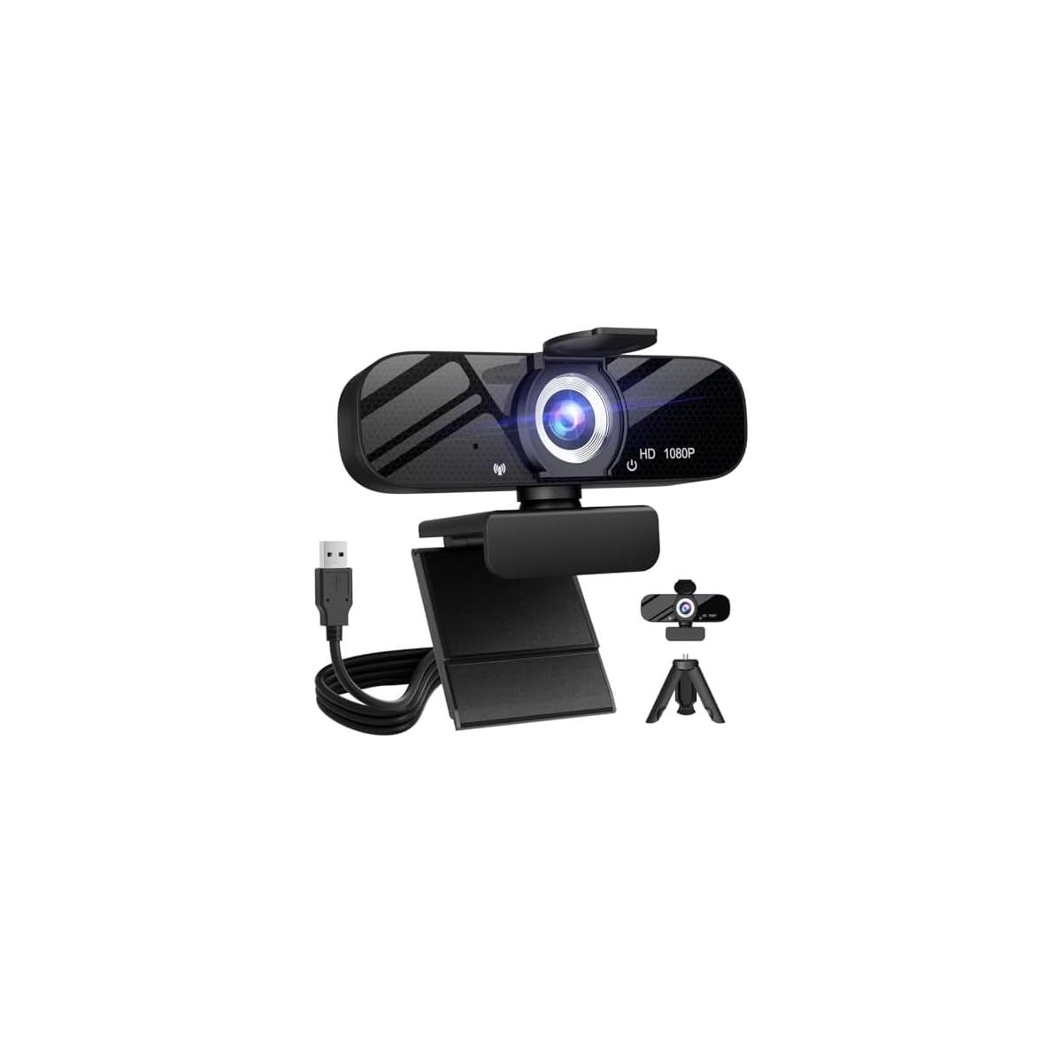 HD 1080P Webcam with Built-in Microphone and Rotatable Tripod, 1080P Video and Wide Angle Camera, Privacy Cover, for Desktop PC or Laptop Computer （Black）