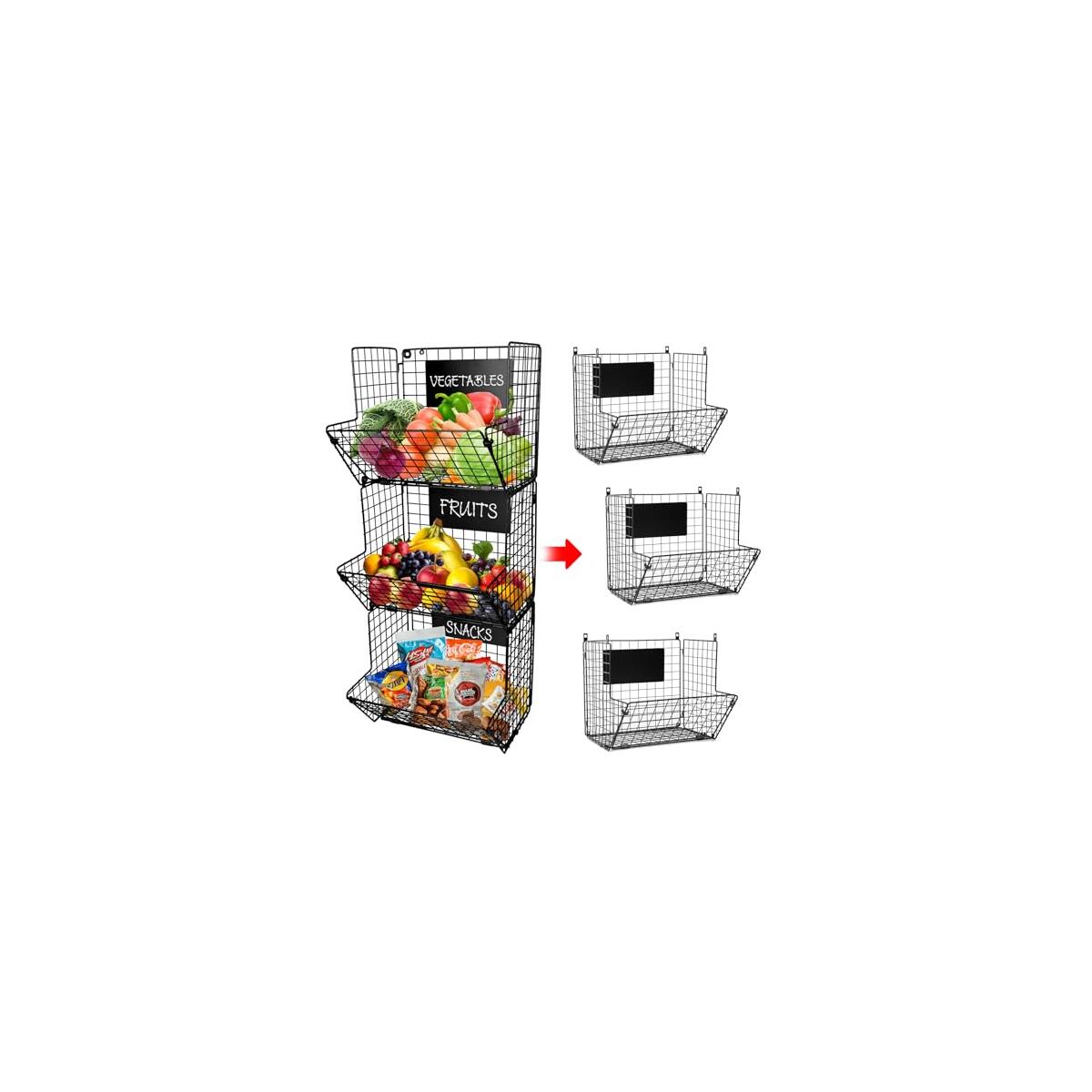 3-Tier XL Wall Hanging Fruit Baskets for Kitchen Organizing Fruits and Vegetables, Heavy-Duty Wall Basket for Storage with Chalkboards & S-Hooks, Wire Hanging Fruit Basket for Kitchen & Pantry