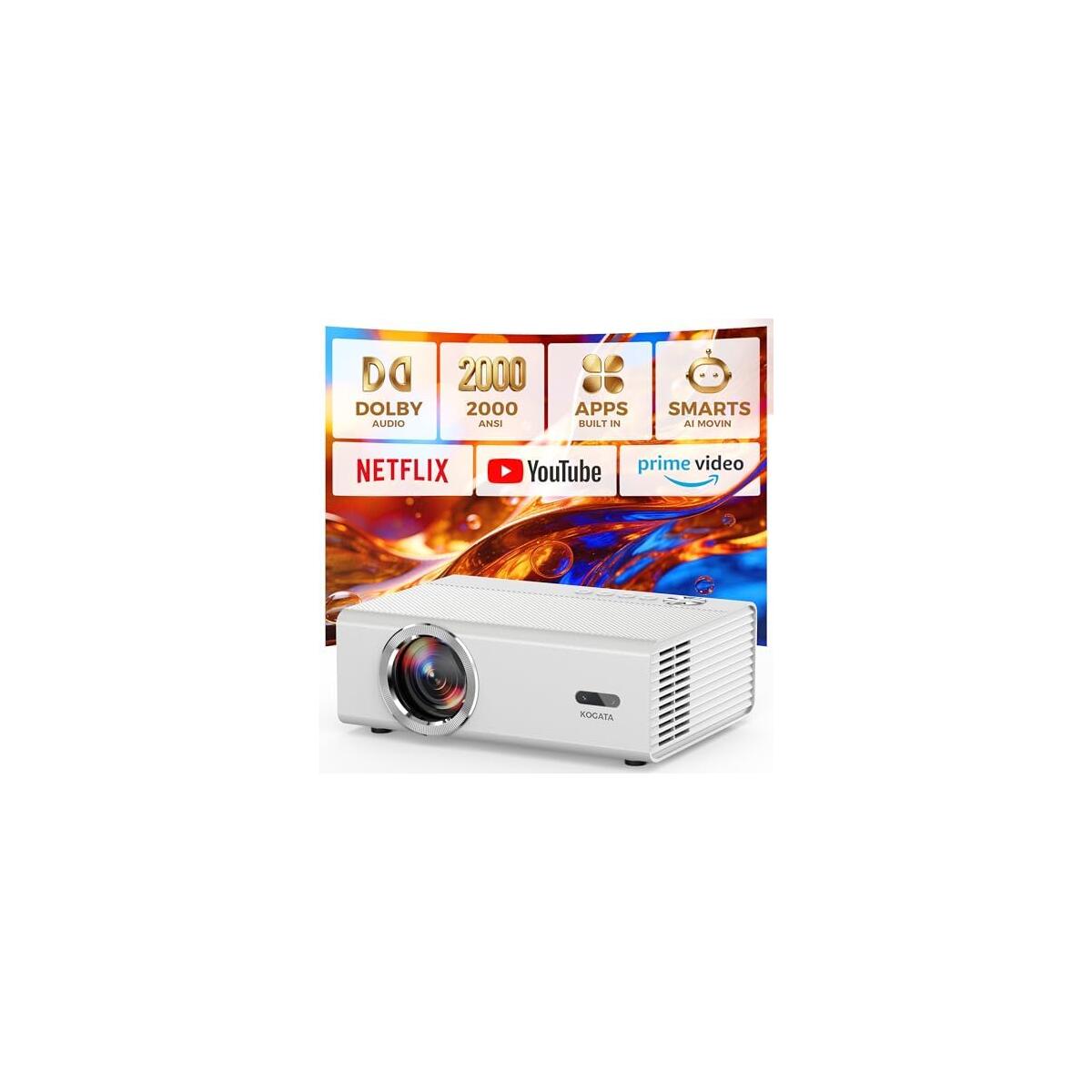 Smart Projector with WiFi and Bluetooth, Proyector-4K Support Official Licensed Apps, 2000 ANSI/AI Auto Focus/DoIby/HDR10+/Quiet, Kogata Portable Indoor/Outdoor Movie Projector Ceiling