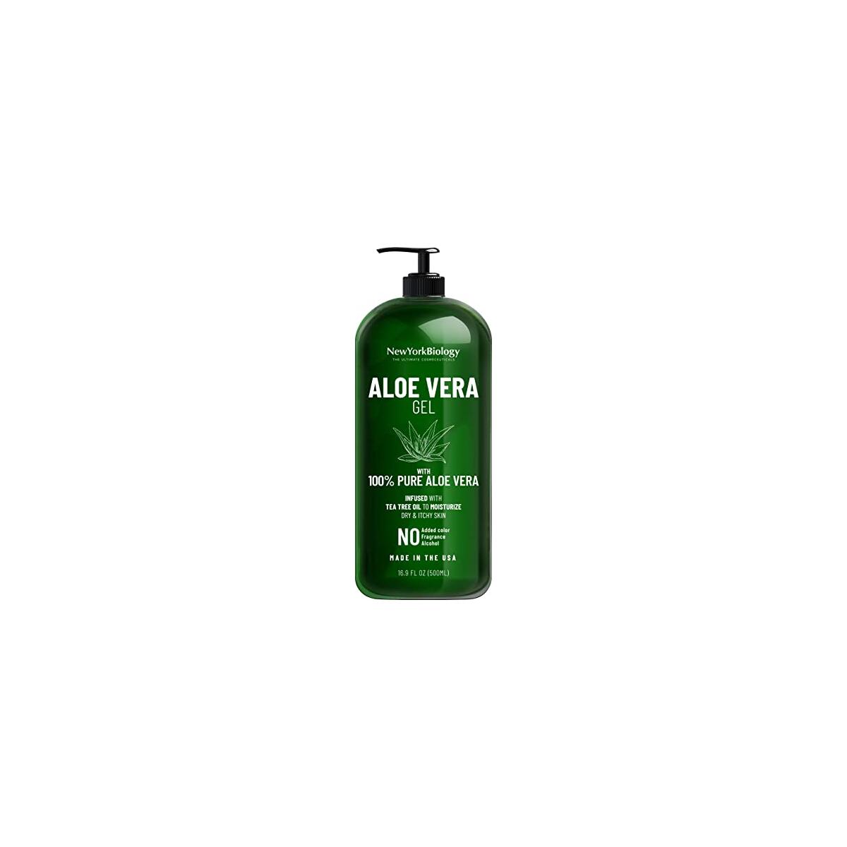 New York Biology Aloe Vera Gel for Face, Skin and Hair - Infused with Tea Tree Oil - From Fresh Aloe Vera Plant - Moisturizing Aloe Vera for Sunburn Relief and Dry Skin - 16.9 Fl Oz
