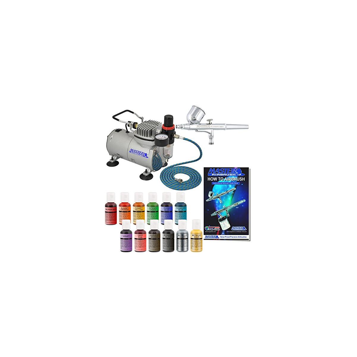 Master Airbrush Cake Airbrush Decorating Kit with Compressor Dual Fan - Gravity Feed Air Brush for Cake Decoration & 12-Color Edible Air Brush Paint for Cakes, Cookies & Cupcakes, Hose, How to Manual
