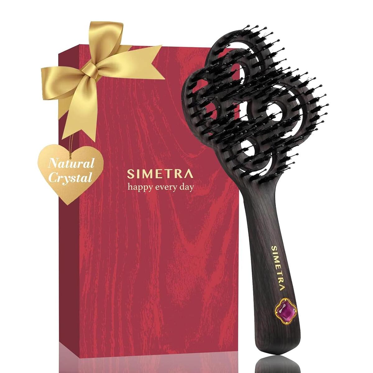 SIMETRA Lucky Hair Brush for Women & Men, 14K Gold Plated Wet Brush Detangling Brush for All Hair Types, Natural Crystal Inlay Boar Bristle Hair brush, Curly Detangler HairBrush for Scalp Massage Gift
