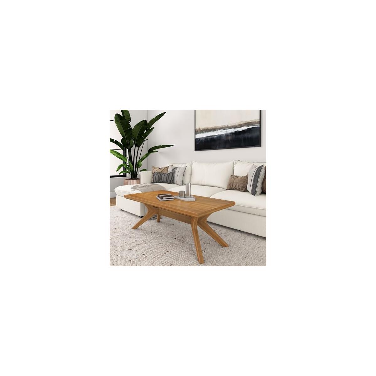 Plank+Beam Cross Leg Rectangular Coffee Table, 48 Inch Wood Coffee Table for Living Room, Modern Center Table, Cocktail Table, Pecan