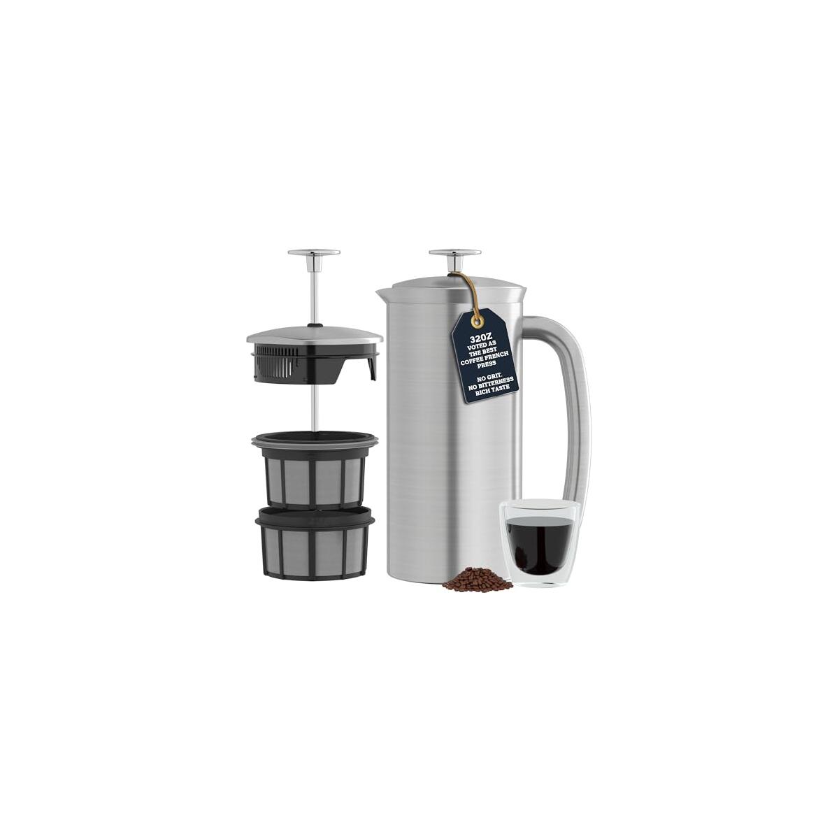 ESPRO P7 Brushed Stainless Steel French Press 304 &ndash; Patented Double Walled Micro-Filter Insulated French Press Coffee Maker, Grit-Free Brew - Heat Resistant BPA Free (32oz)