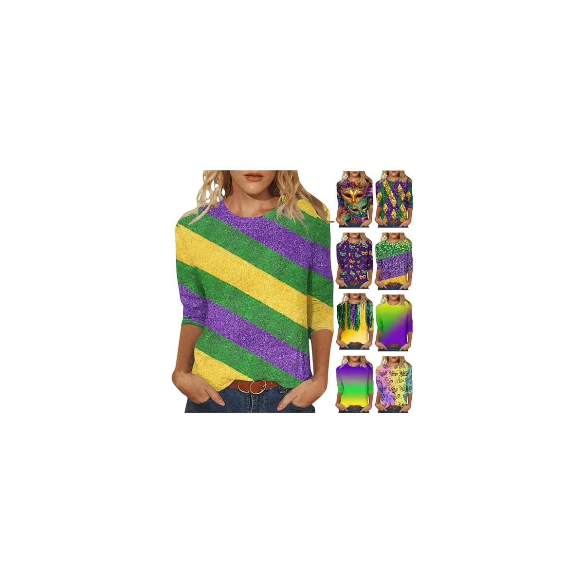 Mardi Gras Shirts for Women Mask Graphic 3/4 Sleeve Tops Carnival Party Tees Round Neck Trendy Mardi Gras Blouse
