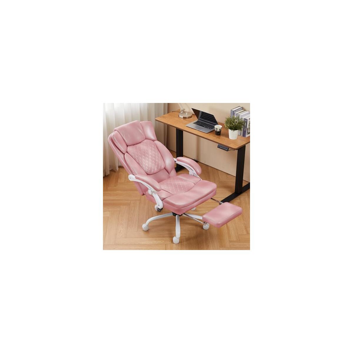 Office Chair with Footrest, Executive PU Leather Chairs with Foot Rest, Reclining Desk Chair with Leg Rest, Coil Spring Thick Cushion, Big and Tall Chairs 400 lbs Capacity | Pink