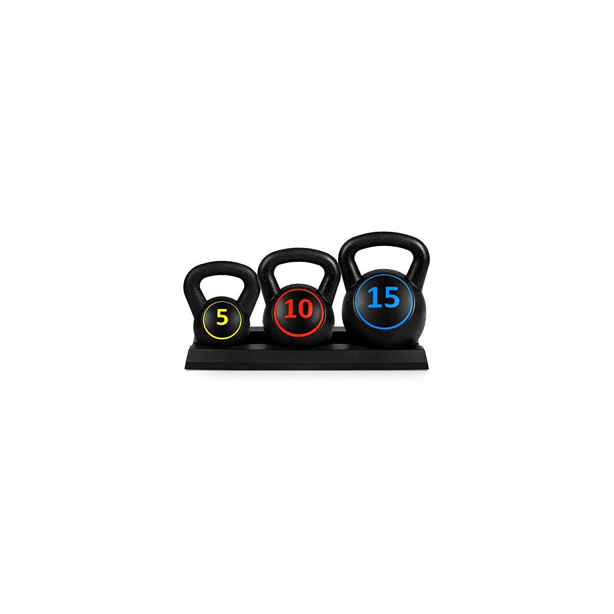 Best Choice Products 3-Piece Kettlebell Set with Storage Rack, HDPE Coated Exercise Fitness Concrete Weights for Home Gym, Strength Training, HIIT Workout 5lb, 10lb, 15lb