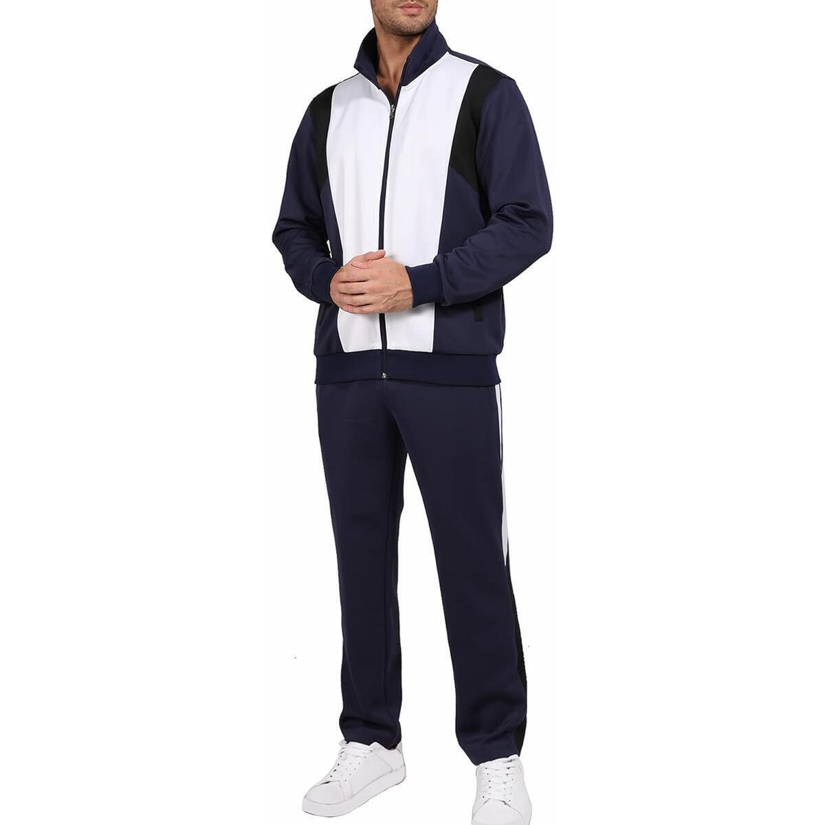 Men's Sports Tracksuit Sets Casual Full Zip Jogging Sweat Suits Men 2 Piece Set NavyBlue Small