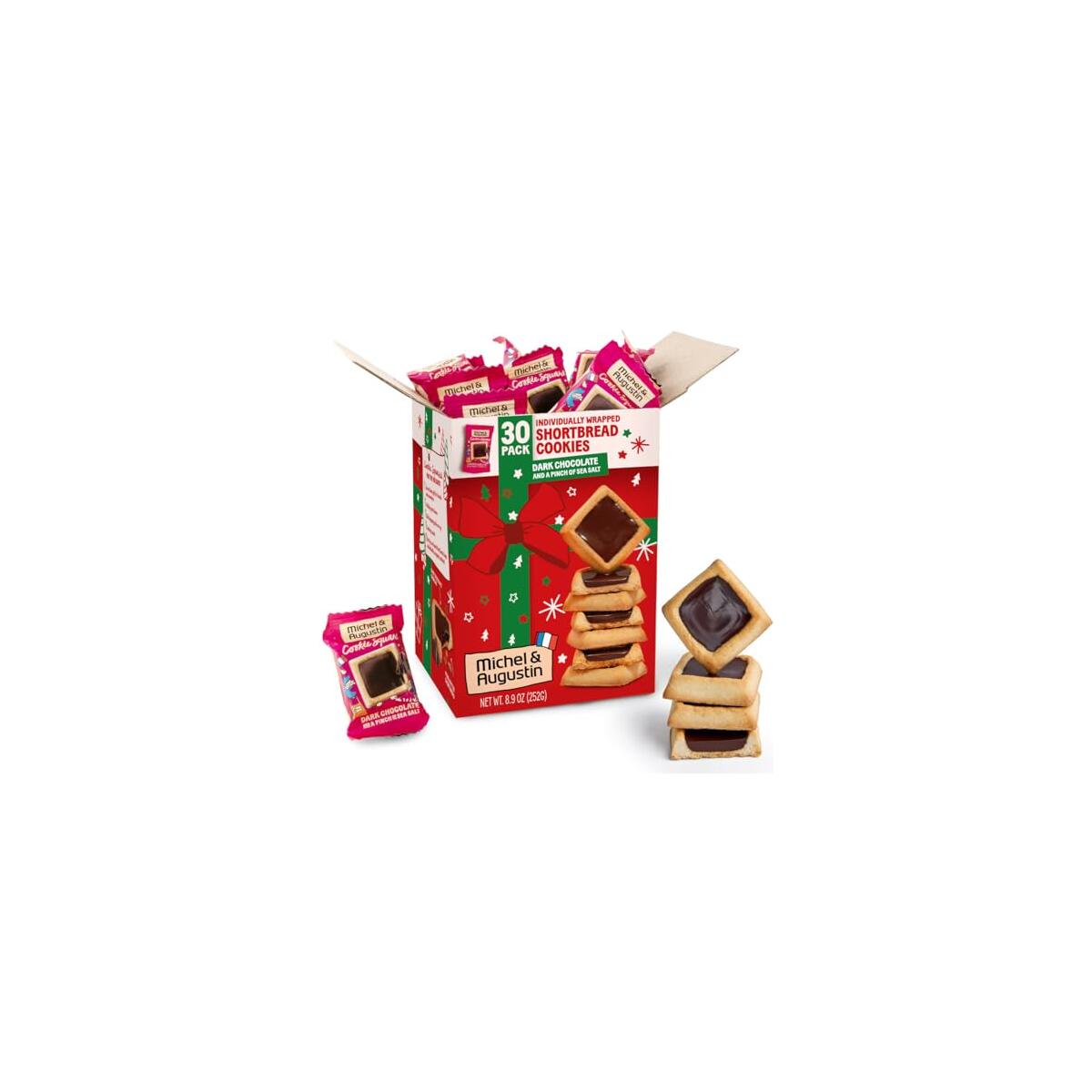 Michel et Augustin Christmas Cookies, French Shortbread Cookie Squares with Dark Chocolate & Sea Salt, Holiday Cookies Individually Wrapped, Butter Cookie Gift Basket, 30 Changemakers per Box