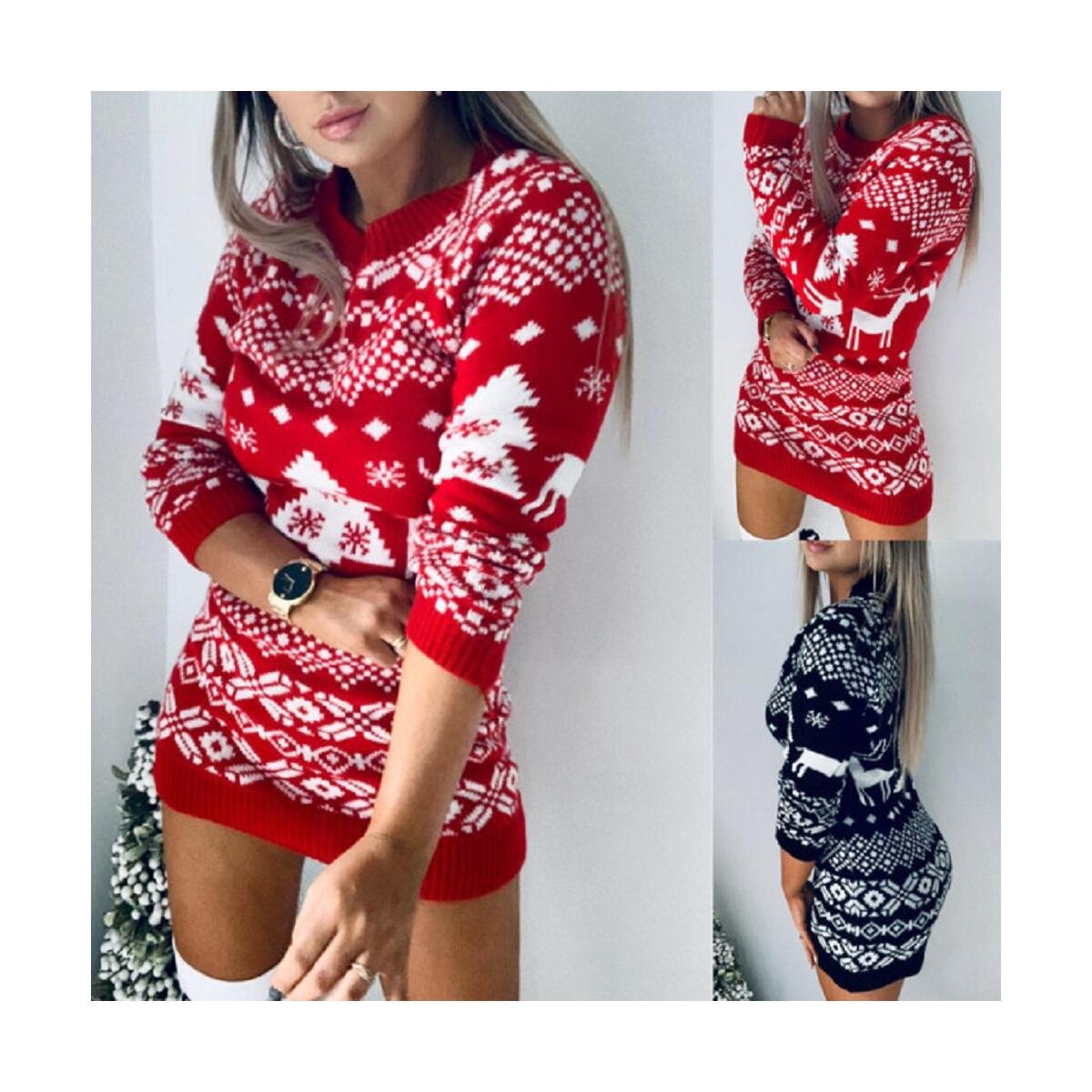 Free Shipping-Women's Fashion All-match Christmas Theme Knitted Long-sleeved Dress