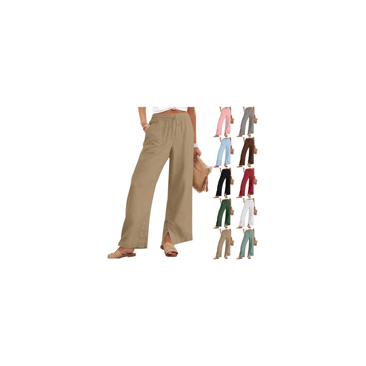 Womens Linen Pants Wide Leg Casual Solid Color Drawstring Split Slit Summer Beach Vacation Palazzo Pants with Pockets