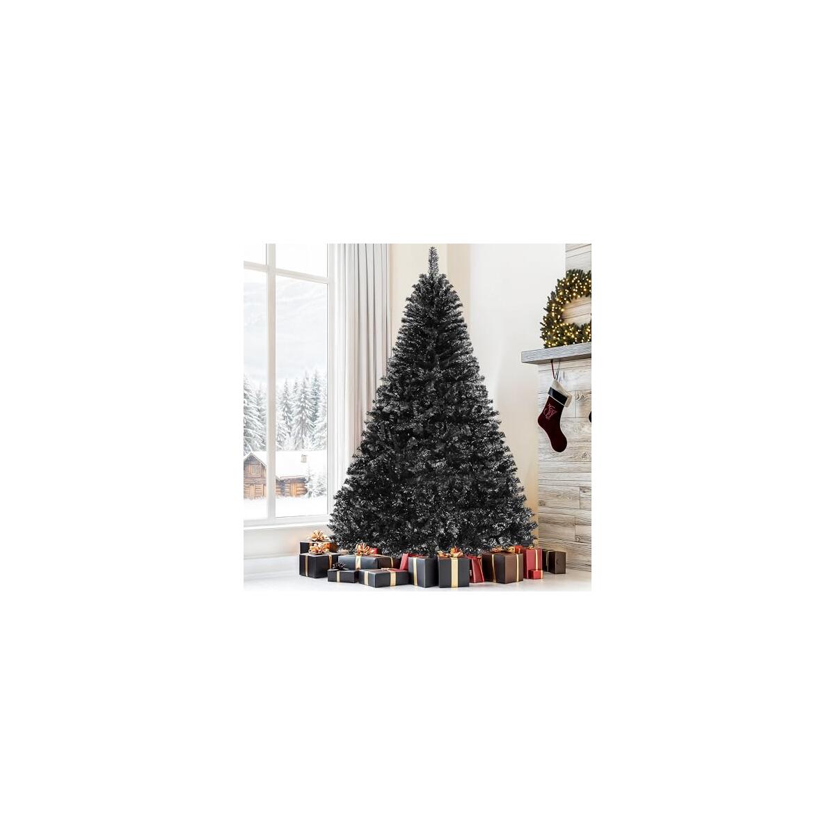 DWVO Unlit Black Artificial Christmas Tree 7.5ft, Full Halloween Fake Spruce Christmas Xmas Trees with 1258 Branch Tips and Foldable Stand Easy Assembly Holiday for Home Office Party Decoration