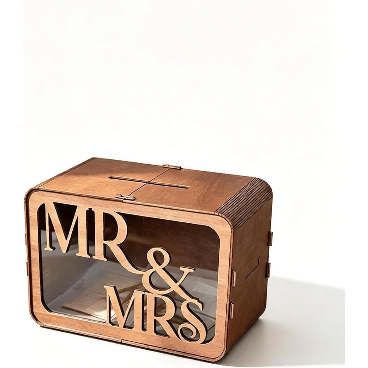 MR & MRS Rustic Wooden Wedding Card Box with Acrylic Panel
