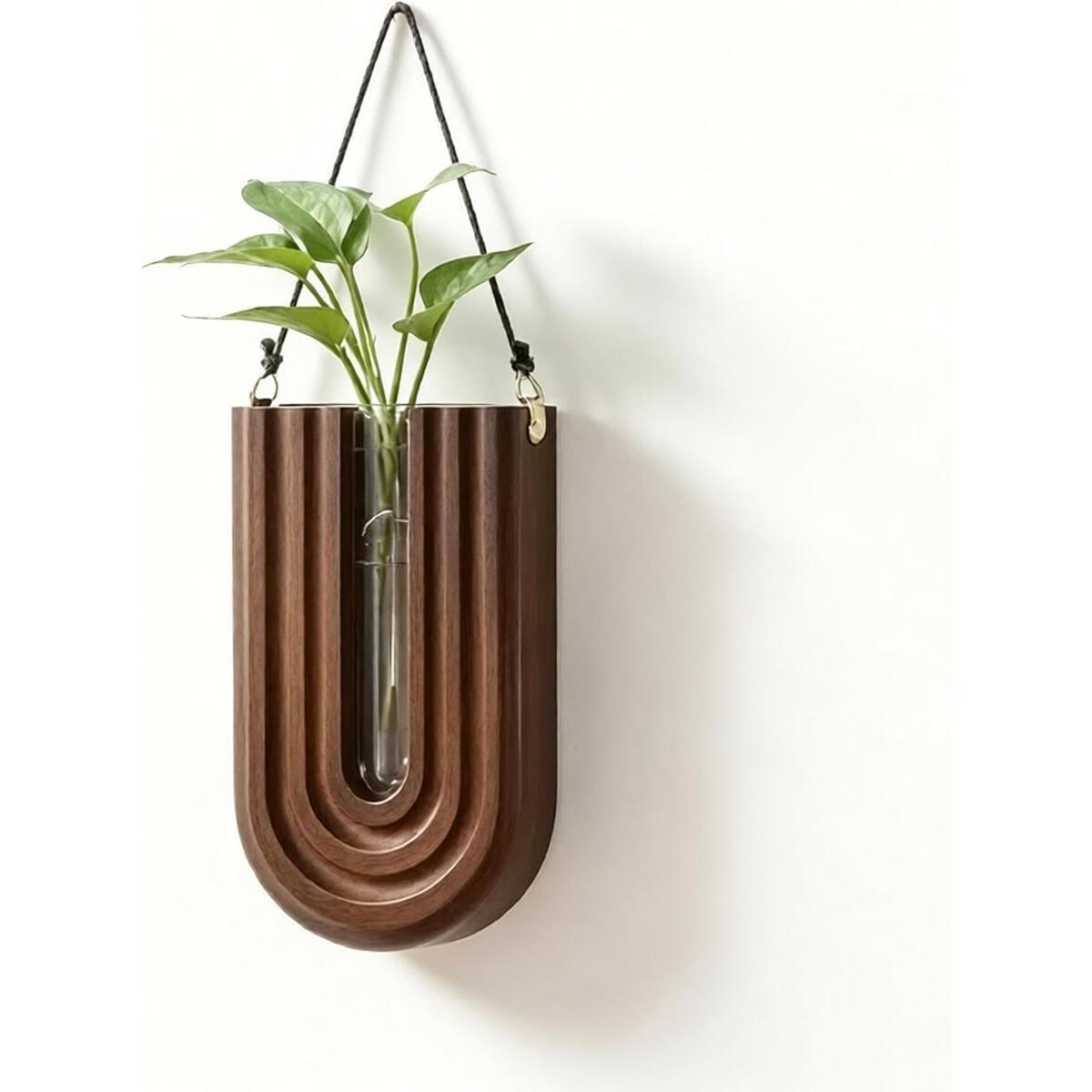 U-Shaped Wooden Wall-Mounted Vase with Glass Tube