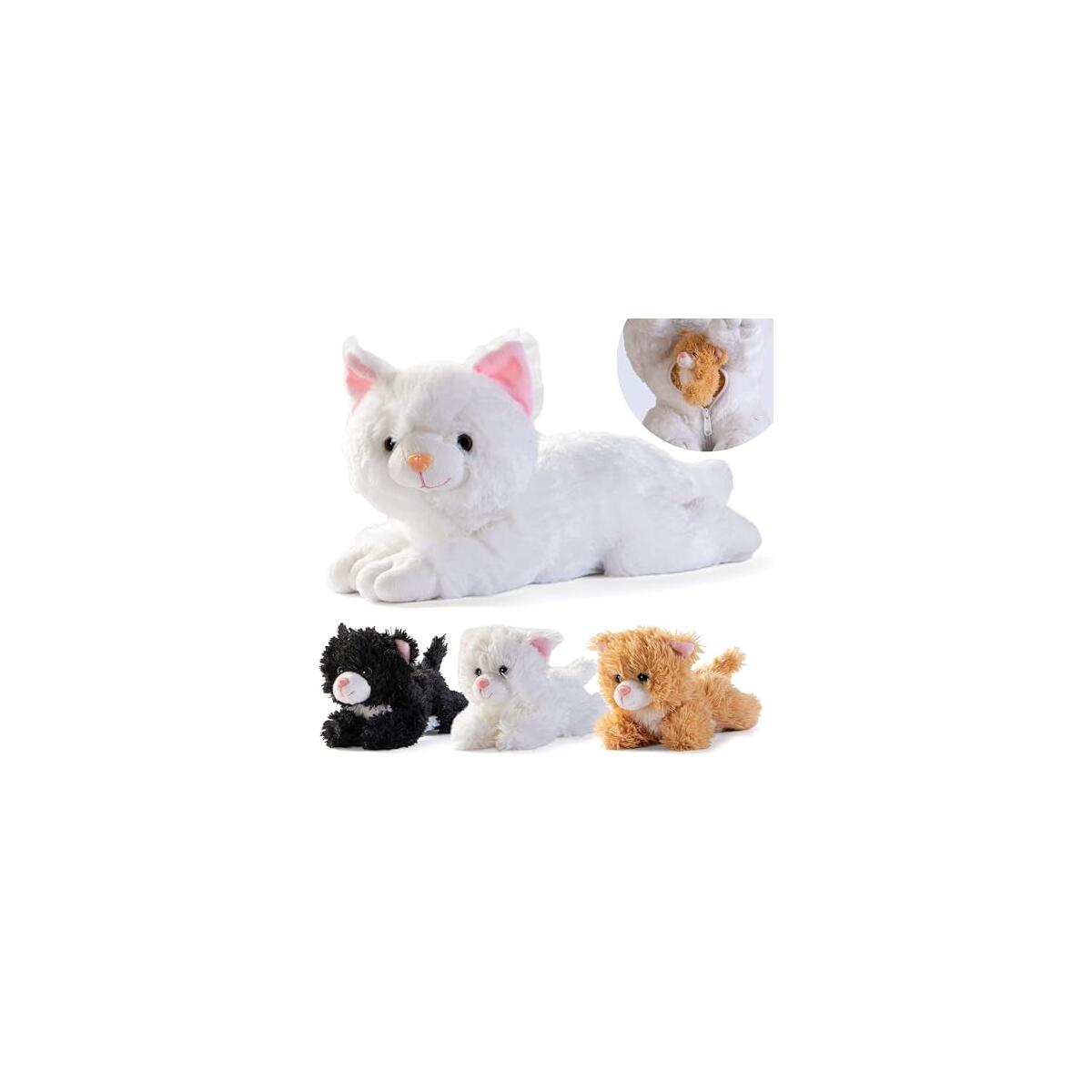 PREXTEX Plush Cat Toys Stuffed Animal with 3 Cats Baby Stuffed Animals - Big Cat Zippers 3 Little Plush Baby Kittens - Cat Stuffed Animal with Babies - Gift for Cat Lovers, Cat Stuffed Animals