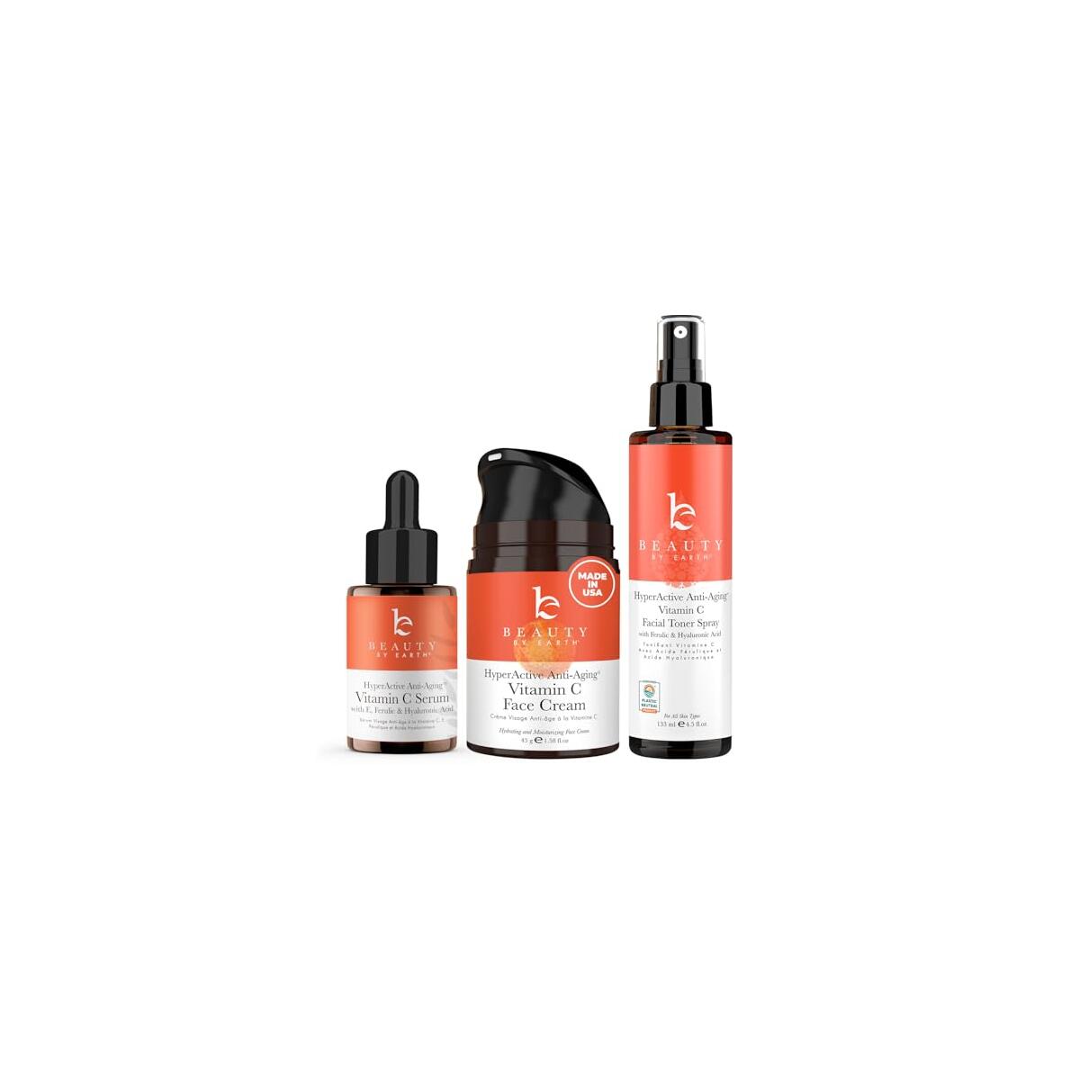 Beauty by Earth Vitamin C Face Cream, Serum and Toner - USA Made with Organic & Natural Ingredients