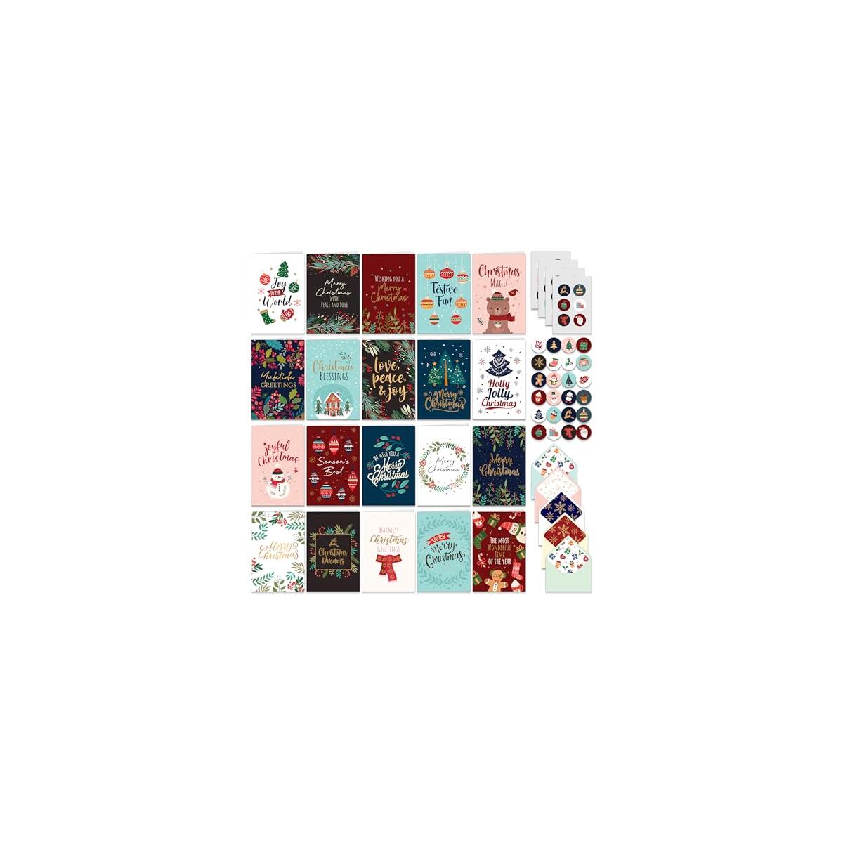 Decorably 100 Pack Foiled and Glittery 6x4in Christmas Cards with Envelopes Bulk and Stickers, 20 Festive Designs Bulk Christmas Cards with Envelopes, with Printed Message Inside
