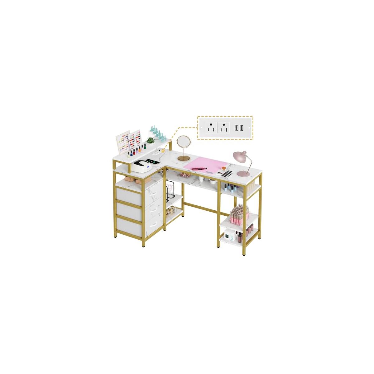 DWVO L Shape Nail Desk for Nail Tech - Spacious Manicure Table with Built-in Charging Station, Marbling Texture Manicure Station for Home, Beauty Salon Spa