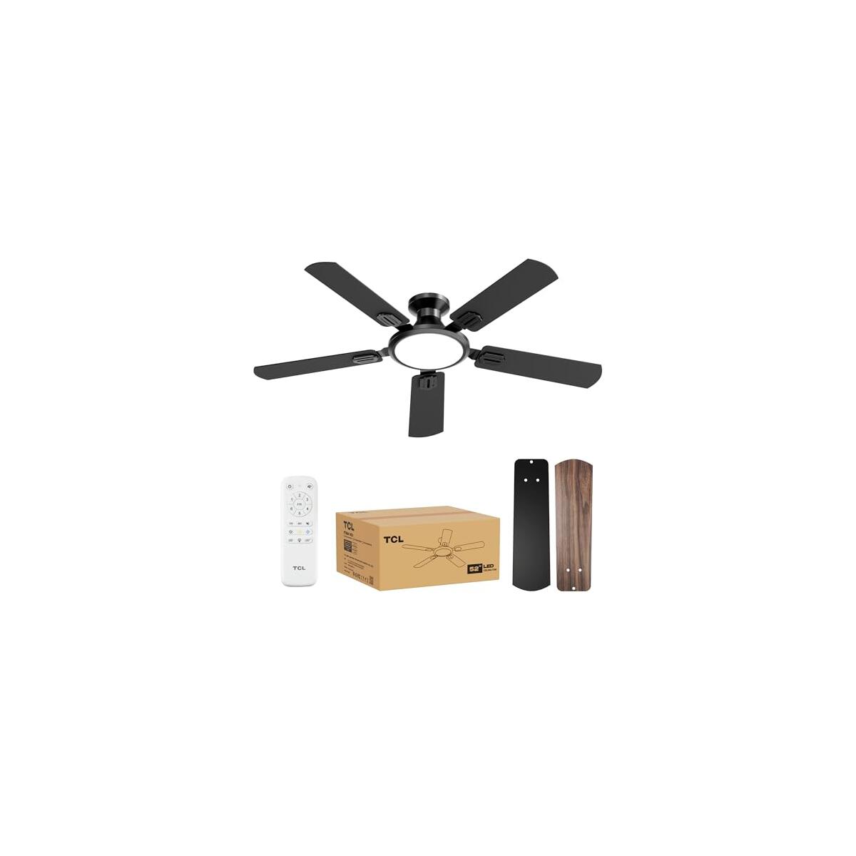 TCL 52" Low Profile Ceiling Fan with Light, Slim, Black, Flush Mount, DC Reversible Motor, 6 Speeds, Remote Control, Noiseless, Dimmable, LED Light, 3CCT, Modern Matte Black Ceiling Fan for Bedroom
