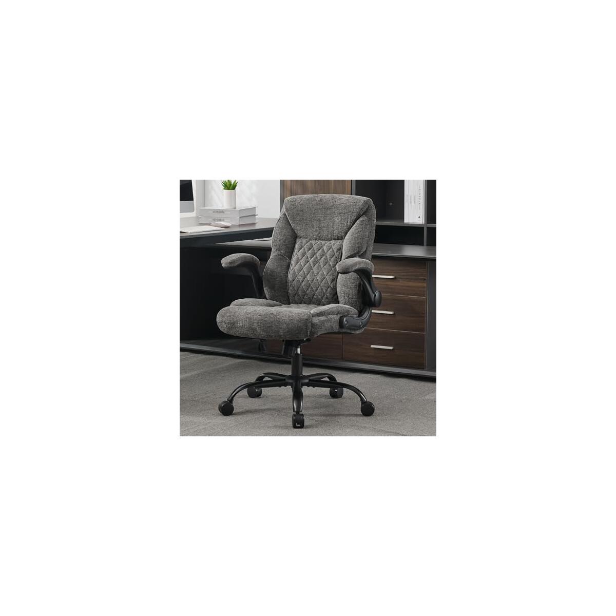 Cloth Office Chair Mid Back Ergonomic Computer Chair Comfortable Fabric Padded Home Office Desk Chairs with Flip-up Arm Rest Adjustable Height Swivel Wheels for Short People Use | Grey