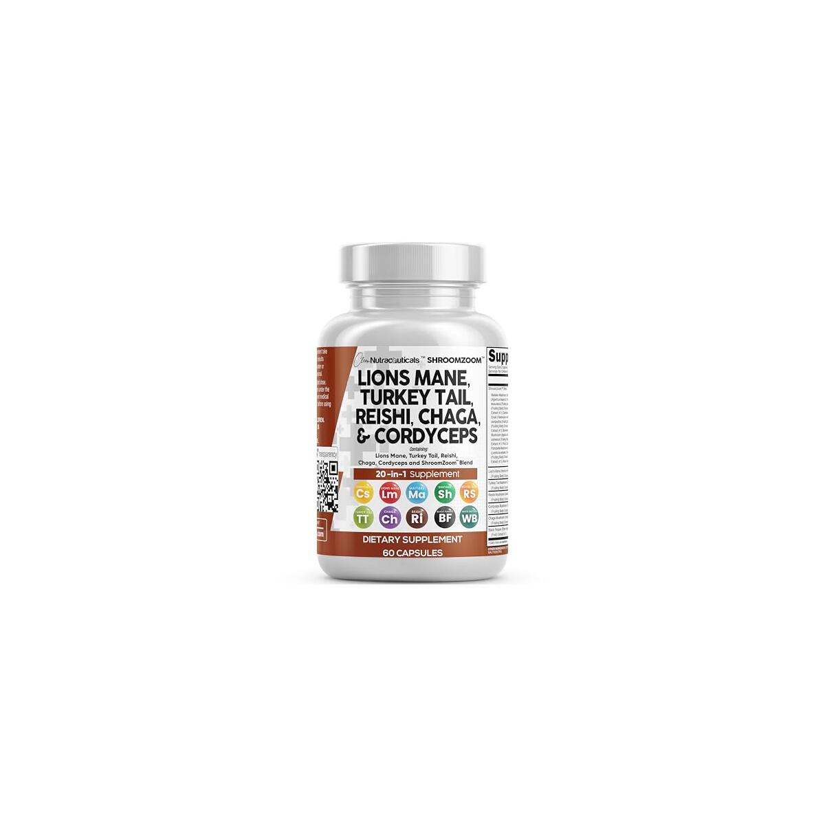 Clean Nutraceuticals Lions Mane 20in1 Mushroom Supplement with Turkey Tail Reishi Cordyceps Chaga Maitake Meshima Poria Cocos Shiitake Oyster Porcini Enoki - 1 Pack