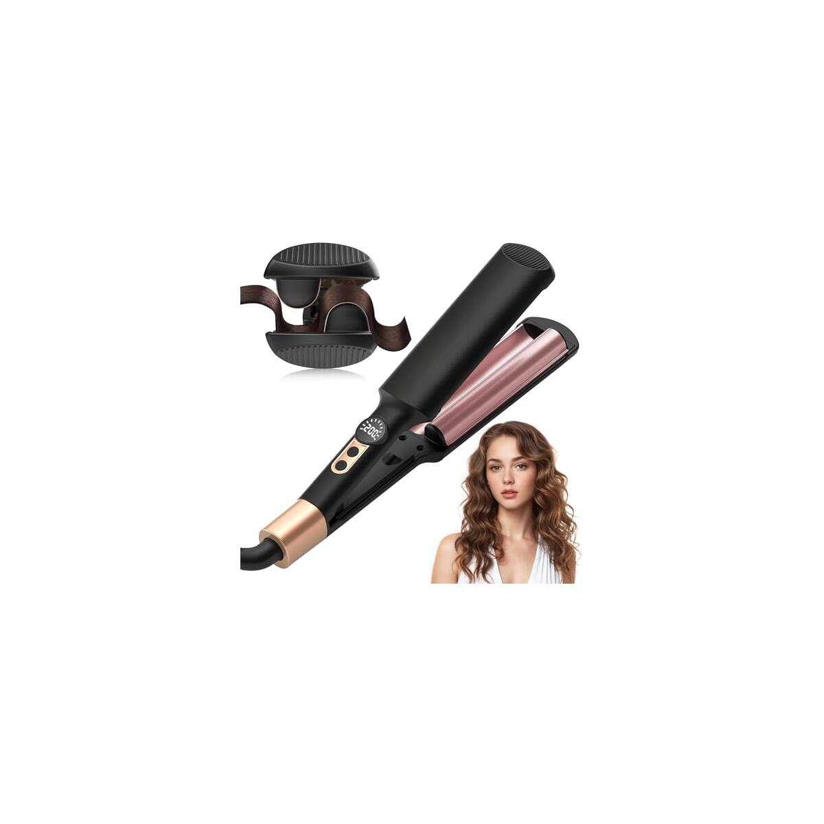 Waver Curling Iron Hair Crimper 3/4 Inch, Ionic Deep Waver Hair Curler Tool, 5 Temp Dual Barrel Mini Portable Curling Wand, Dual Voltage, Anti-Scalding Fast Heating for Short and Long Hair