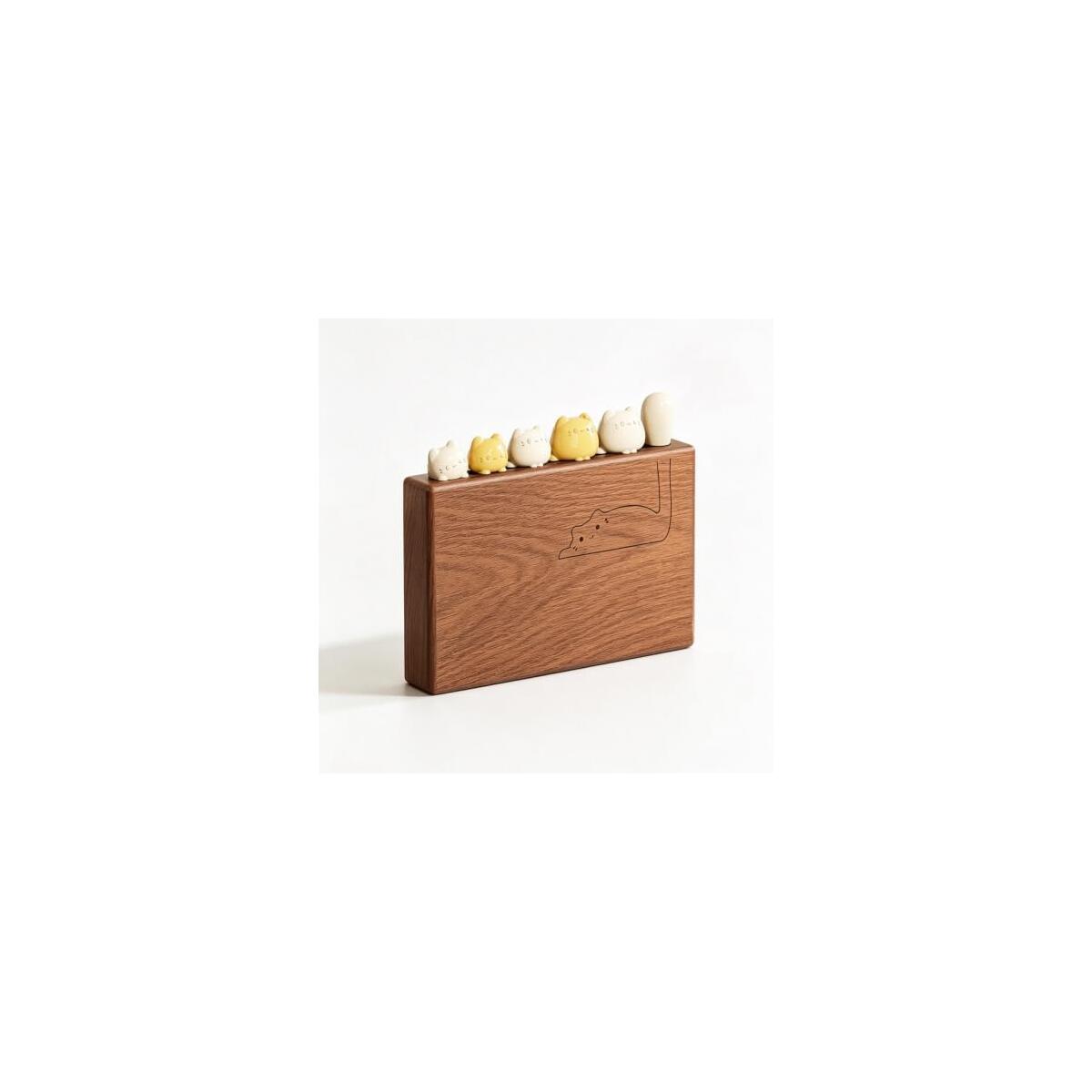 Cat-Shaped Fruit Fork Set with Solid Wood Storage Base