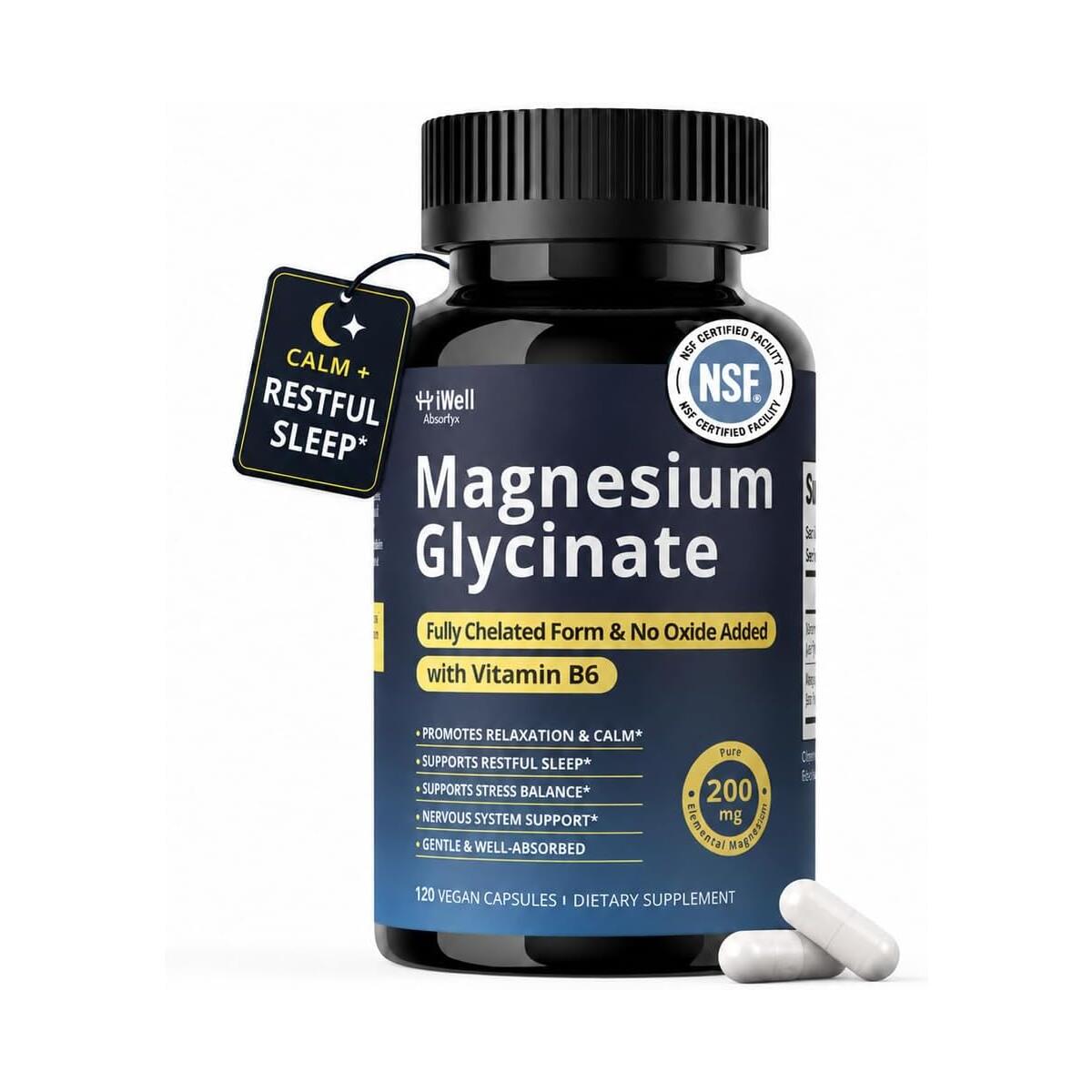 Magnesium Glycinate 200mg with Vitamin B6 for Women & Men, 120 Capsules